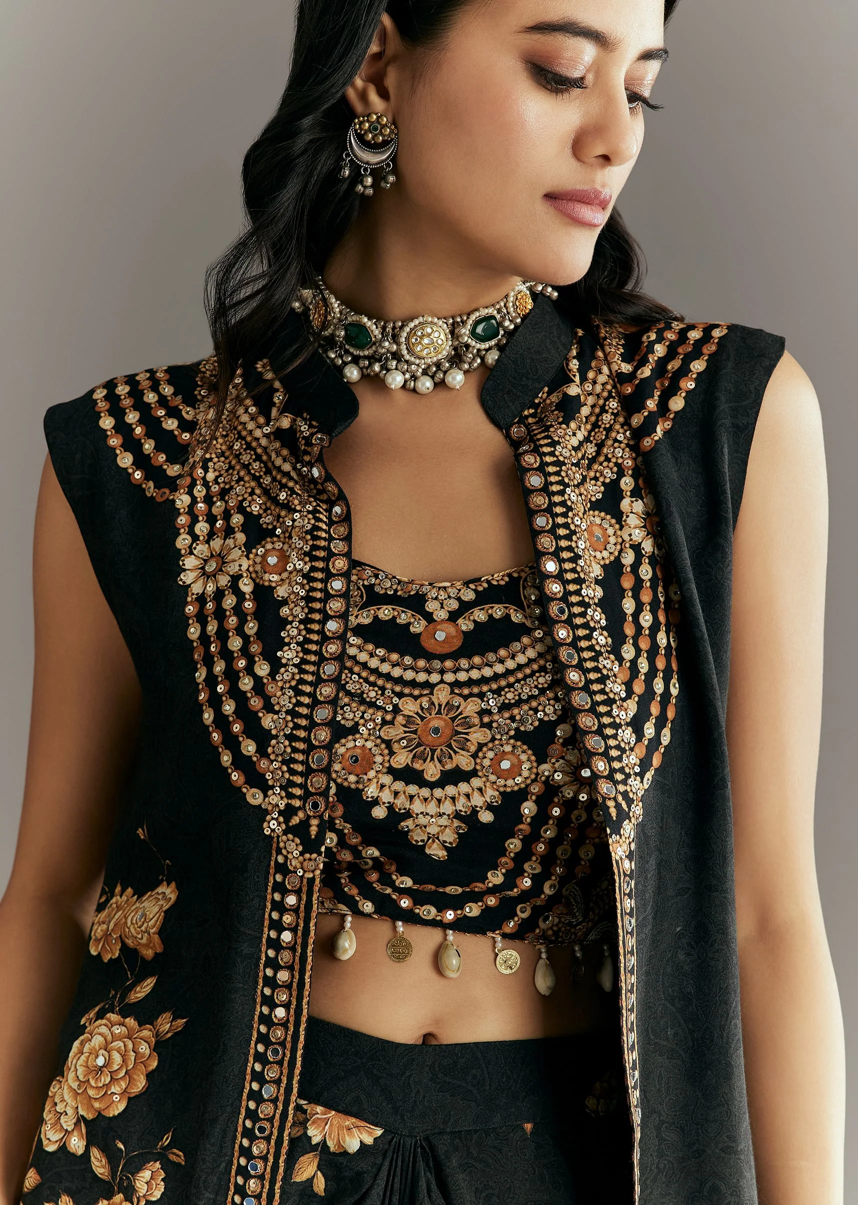 Black Muslin Croptop Set With Floral Printed Skirt Jacket - Image 2