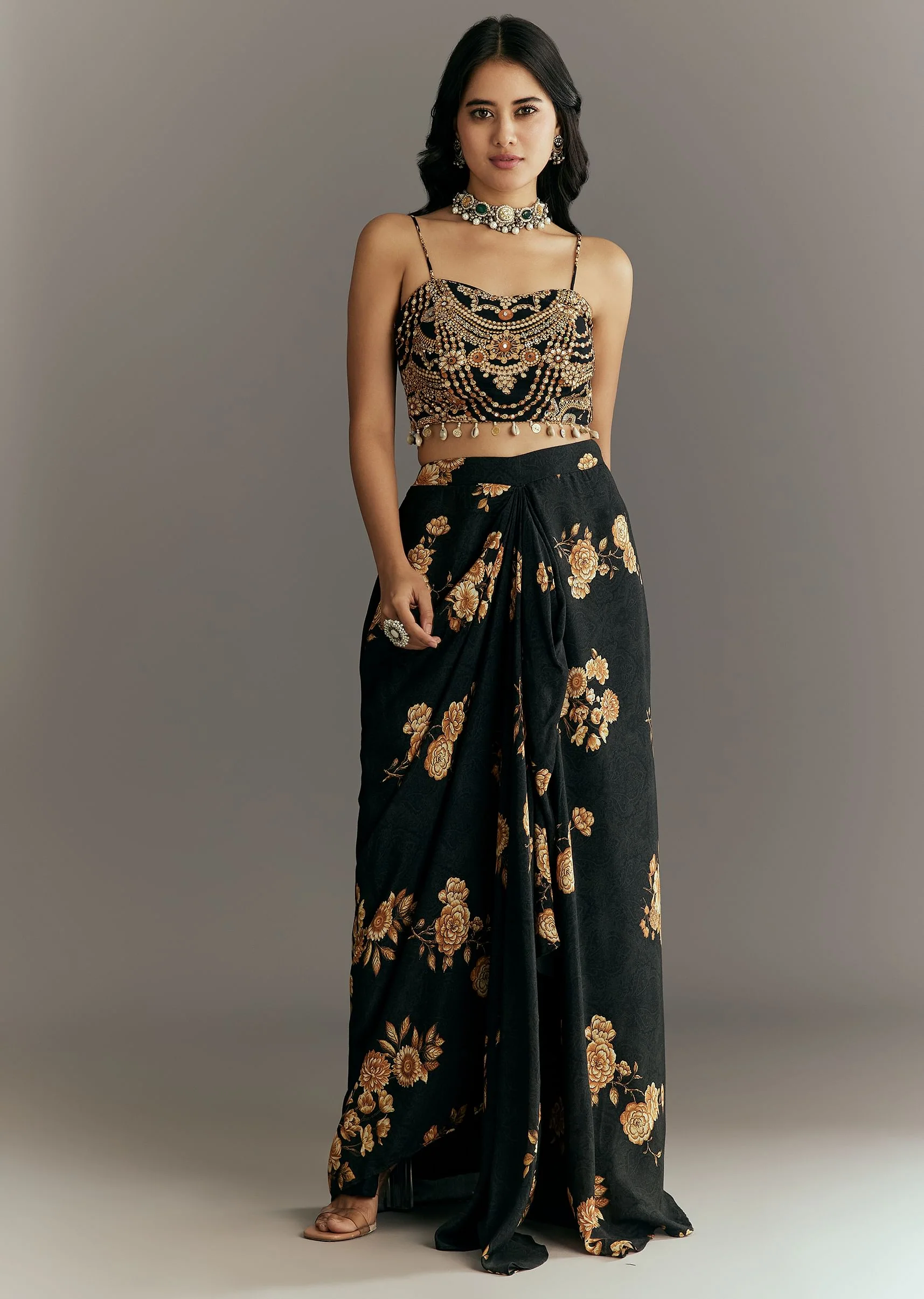 Black Muslin Croptop Set With Floral Printed Skirt Jacket - Image 6