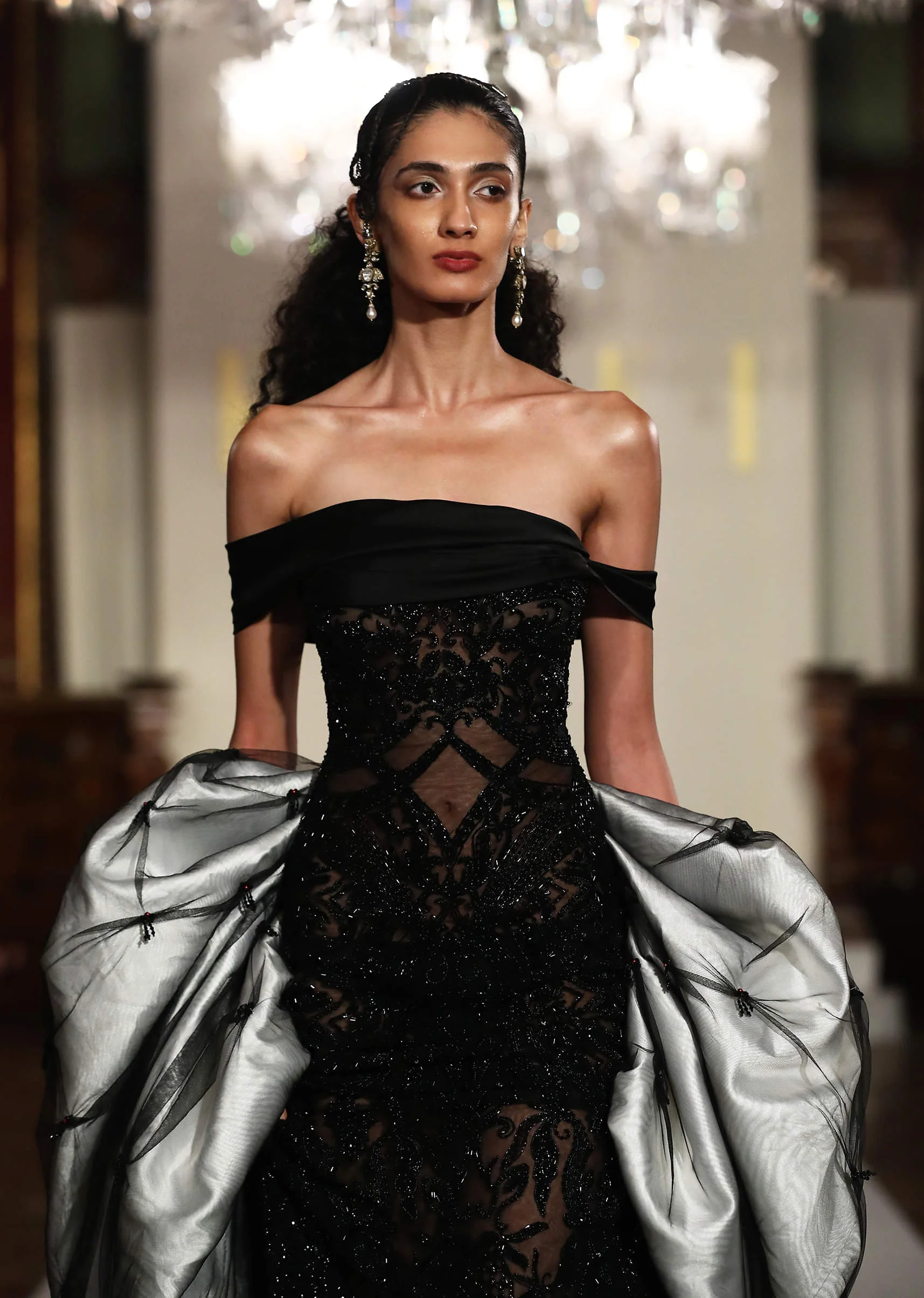 Black Net Embroidered Fishcut Gown With White Cape - Image 2
