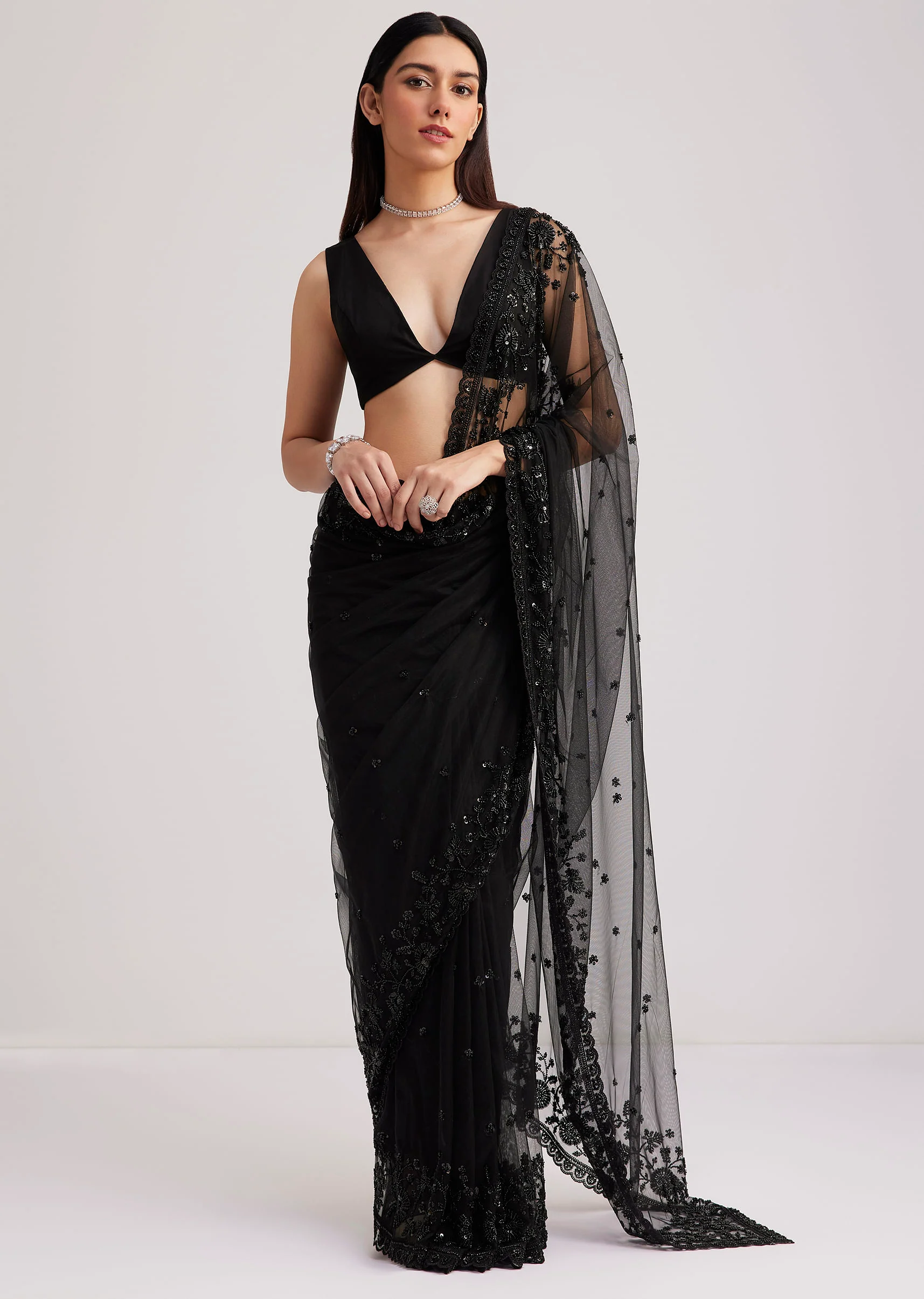 Black Net Heavy Embroidered Saree With Sequins And Stones - Image 2