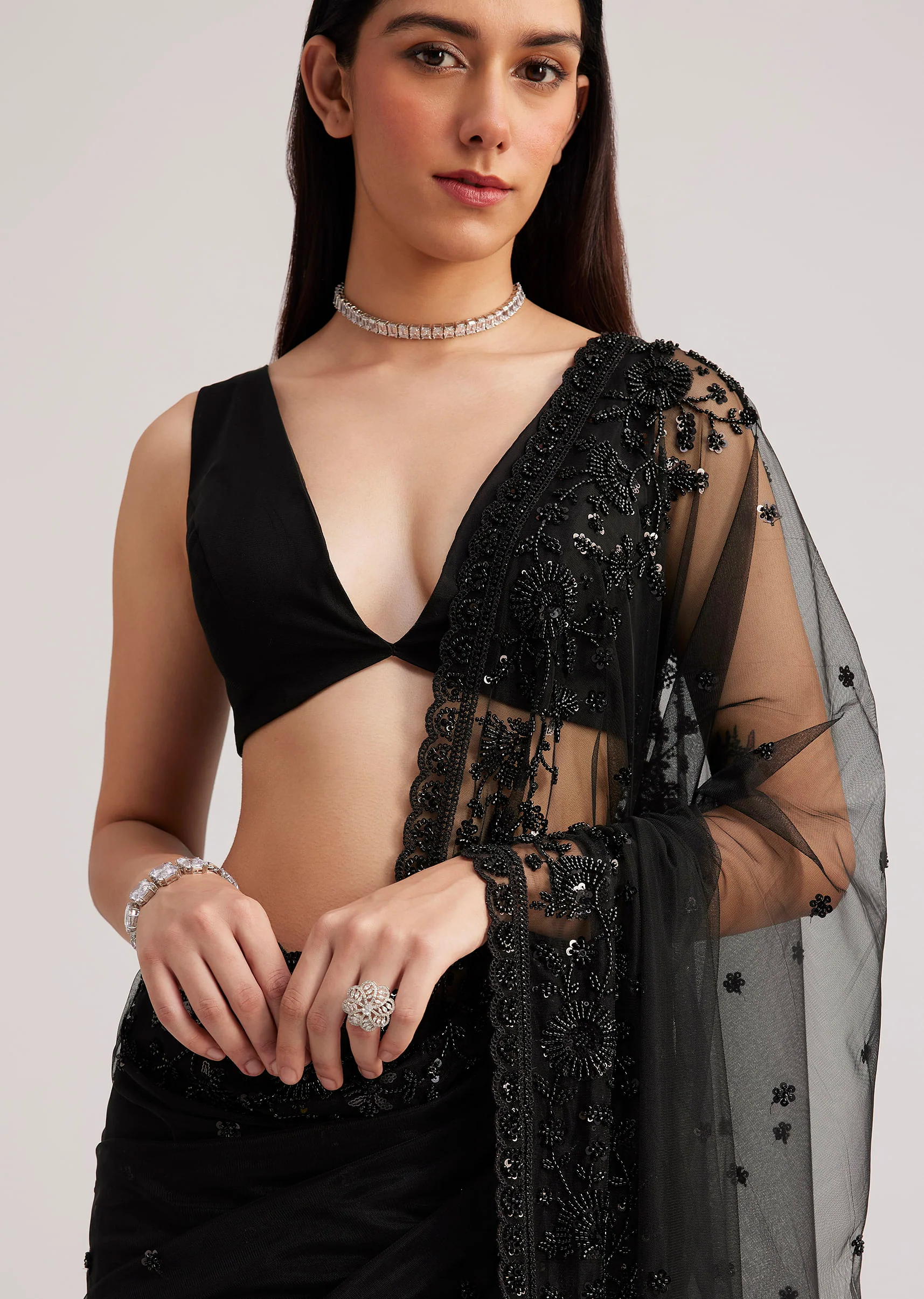 Black Net Heavy Embroidered Saree With Sequins And Stones - Image 3