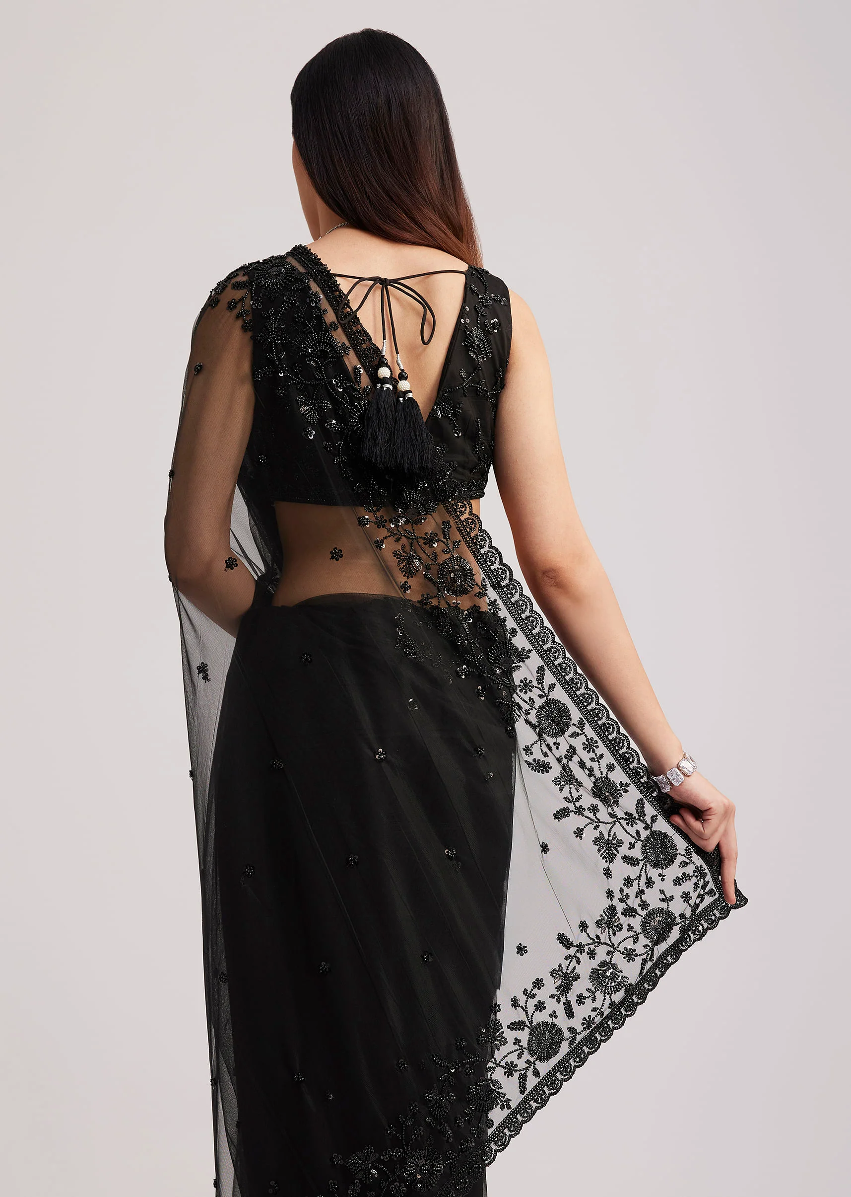 Black Net Heavy Embroidered Saree With Sequins And Stones - Image 4