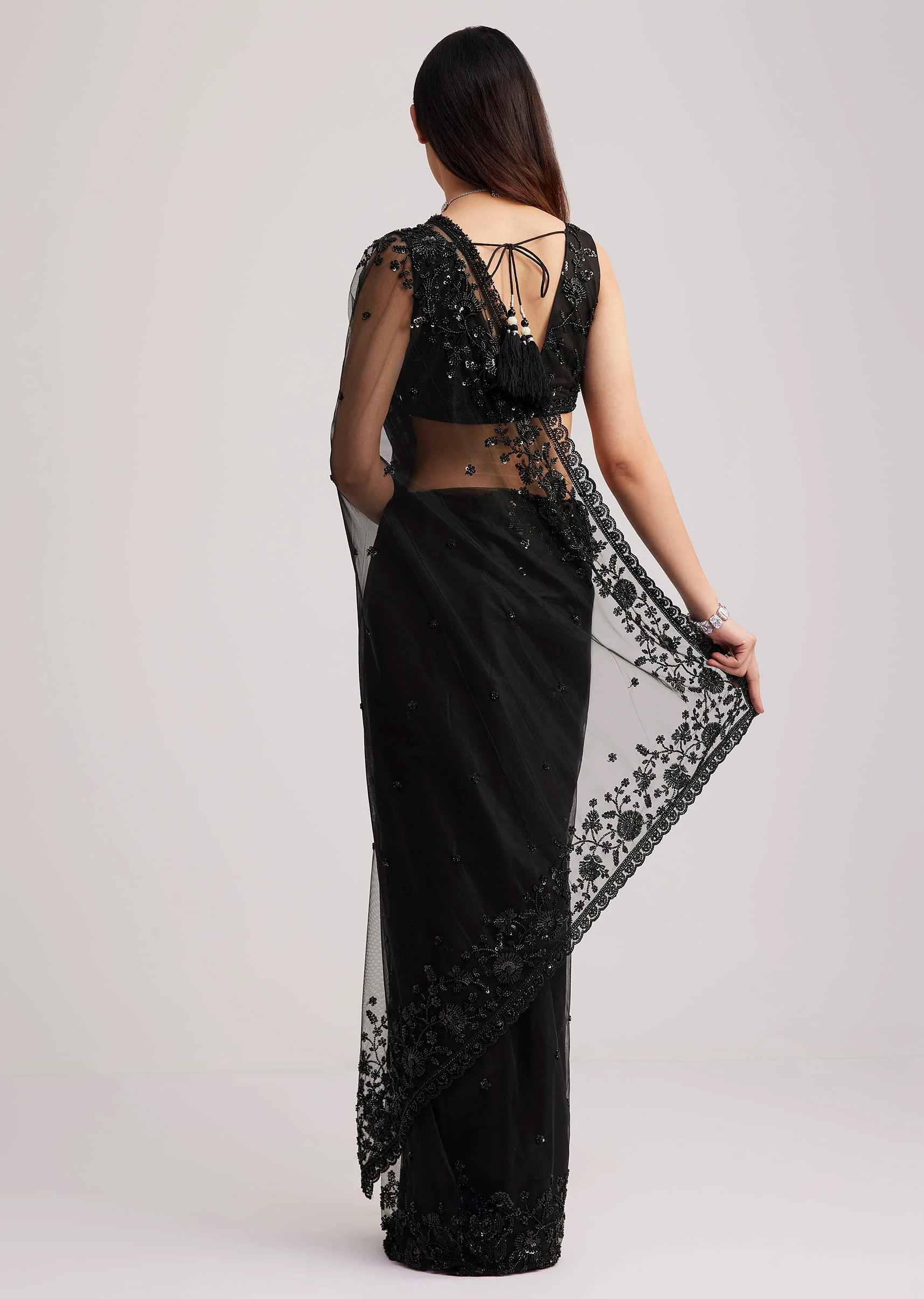 Black Net Heavy Embroidered Saree With Sequins And Stones - Image 6