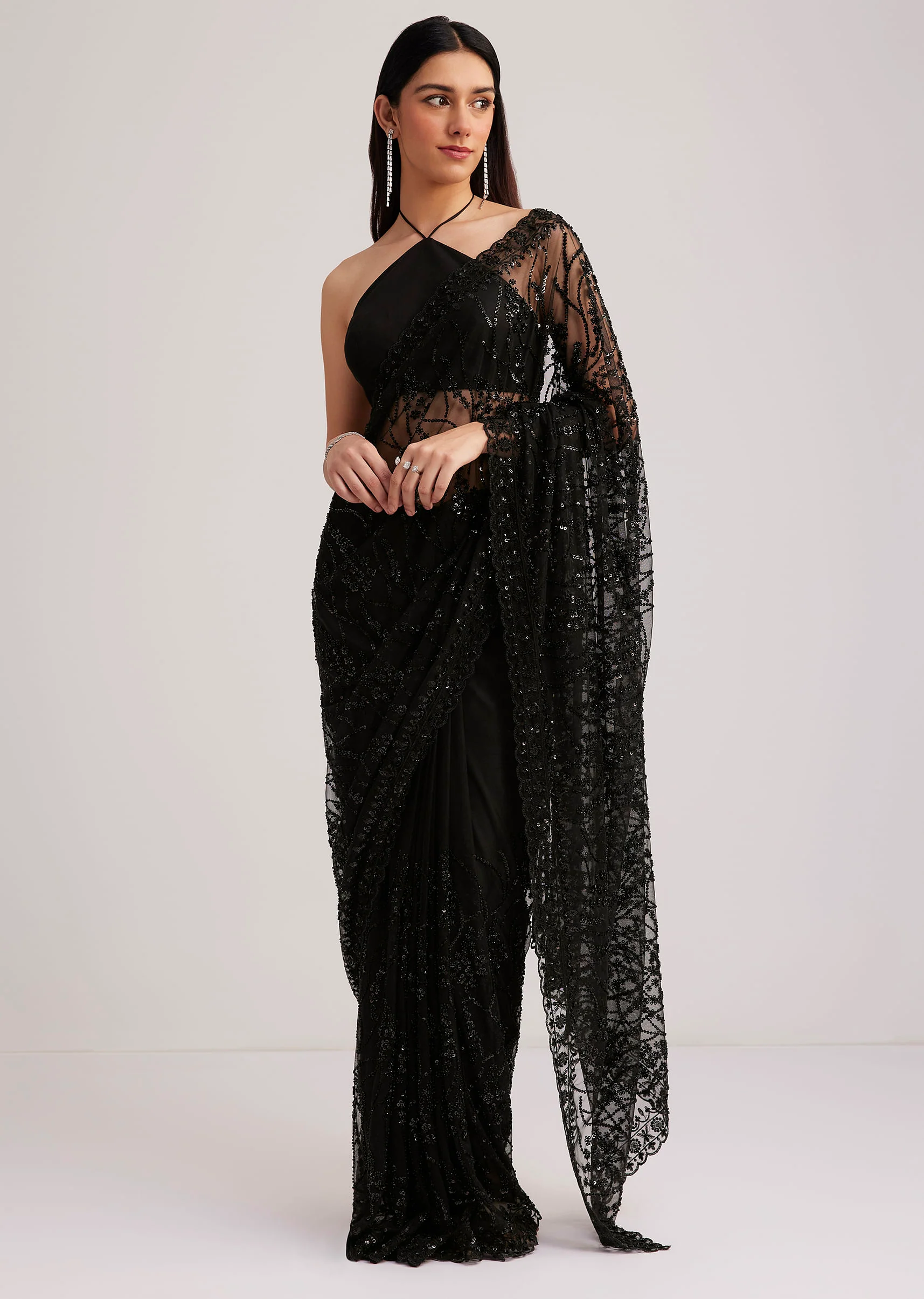 Black Net Saree Heavy Embroidered With Sequins And Stones - Image 3