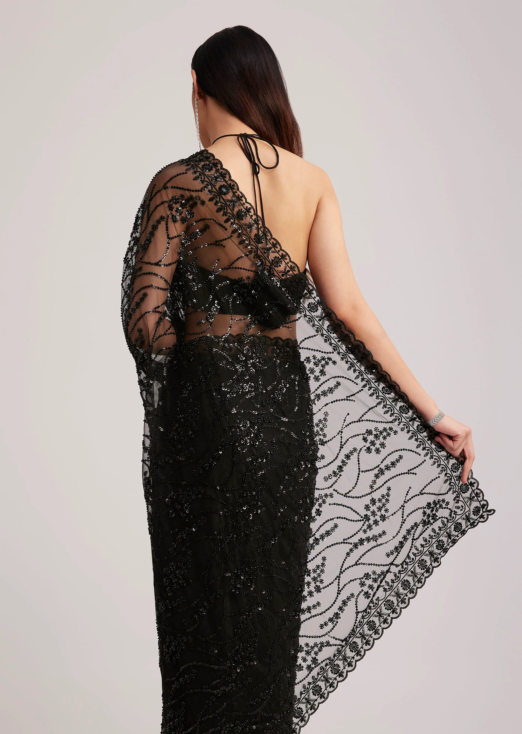 Black Net Saree Heavy Embroidered With Sequins And Stones - Image 4