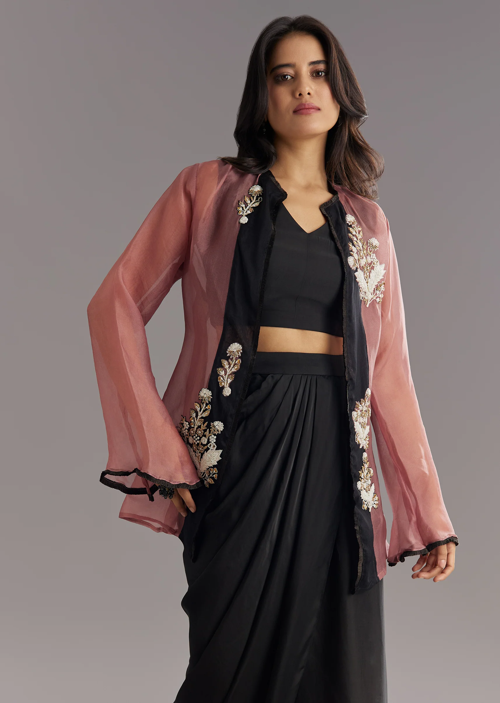 Black Organza Jacket and Satin Dhoti Palazzo Set With Zardosi Embroidery - Image 2