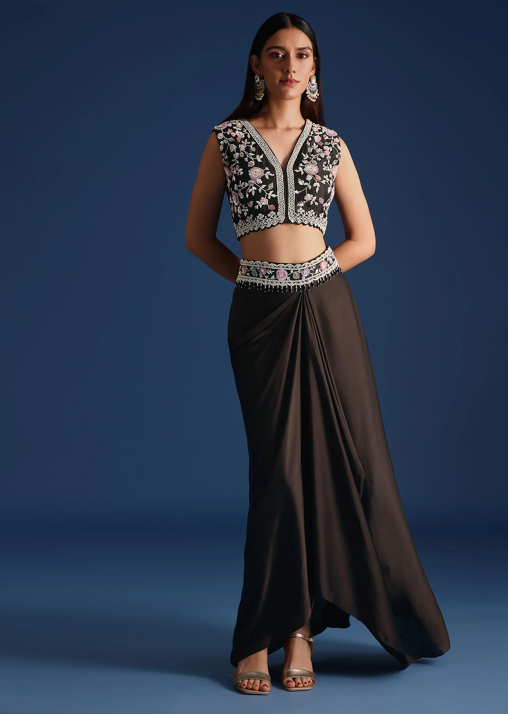Black Organza Jacket With Embroidered Crop Top And Draped Skirt - Image 6