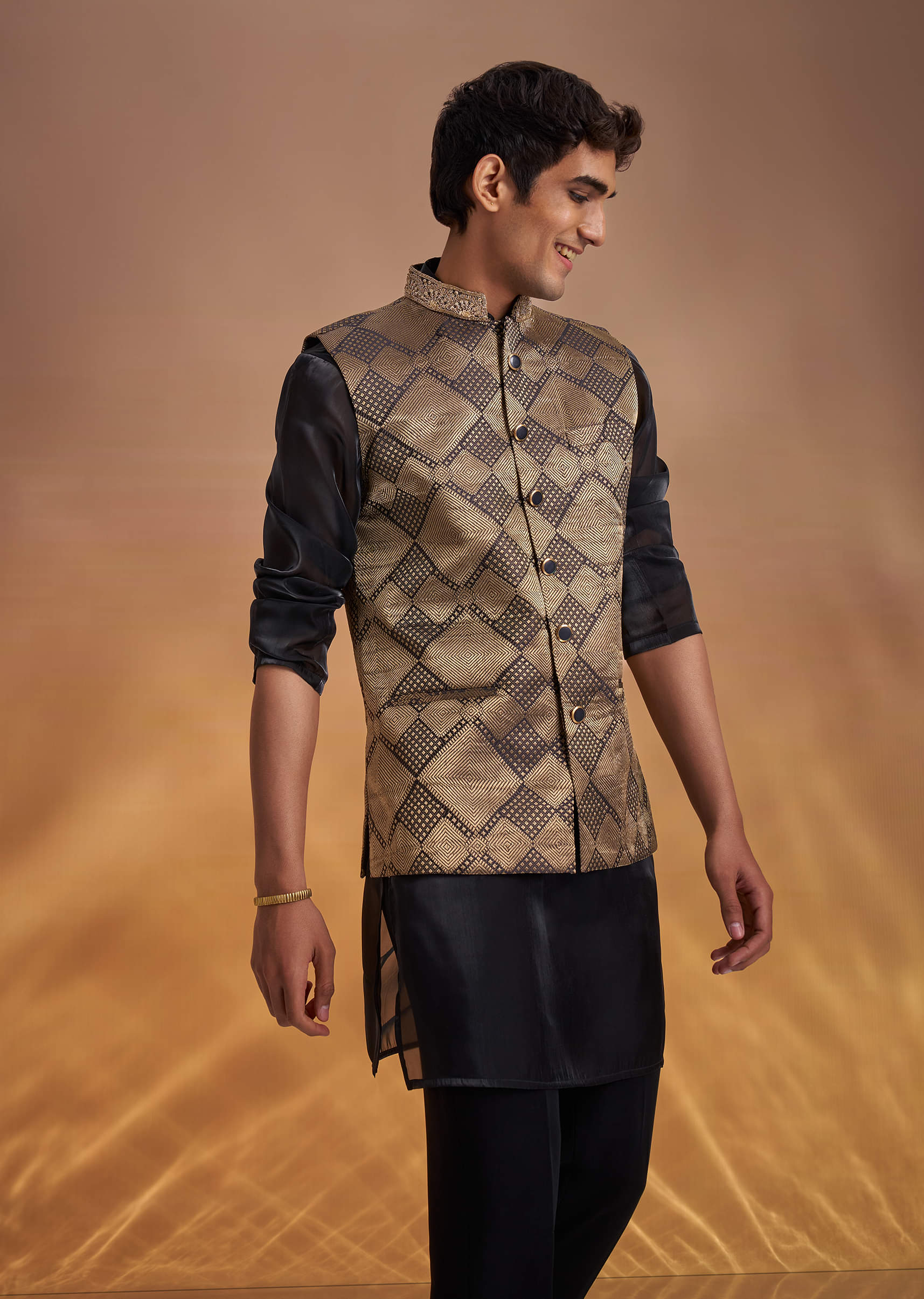 Black Organza Kurta Jacket Set With Self Embroidery - Image 5