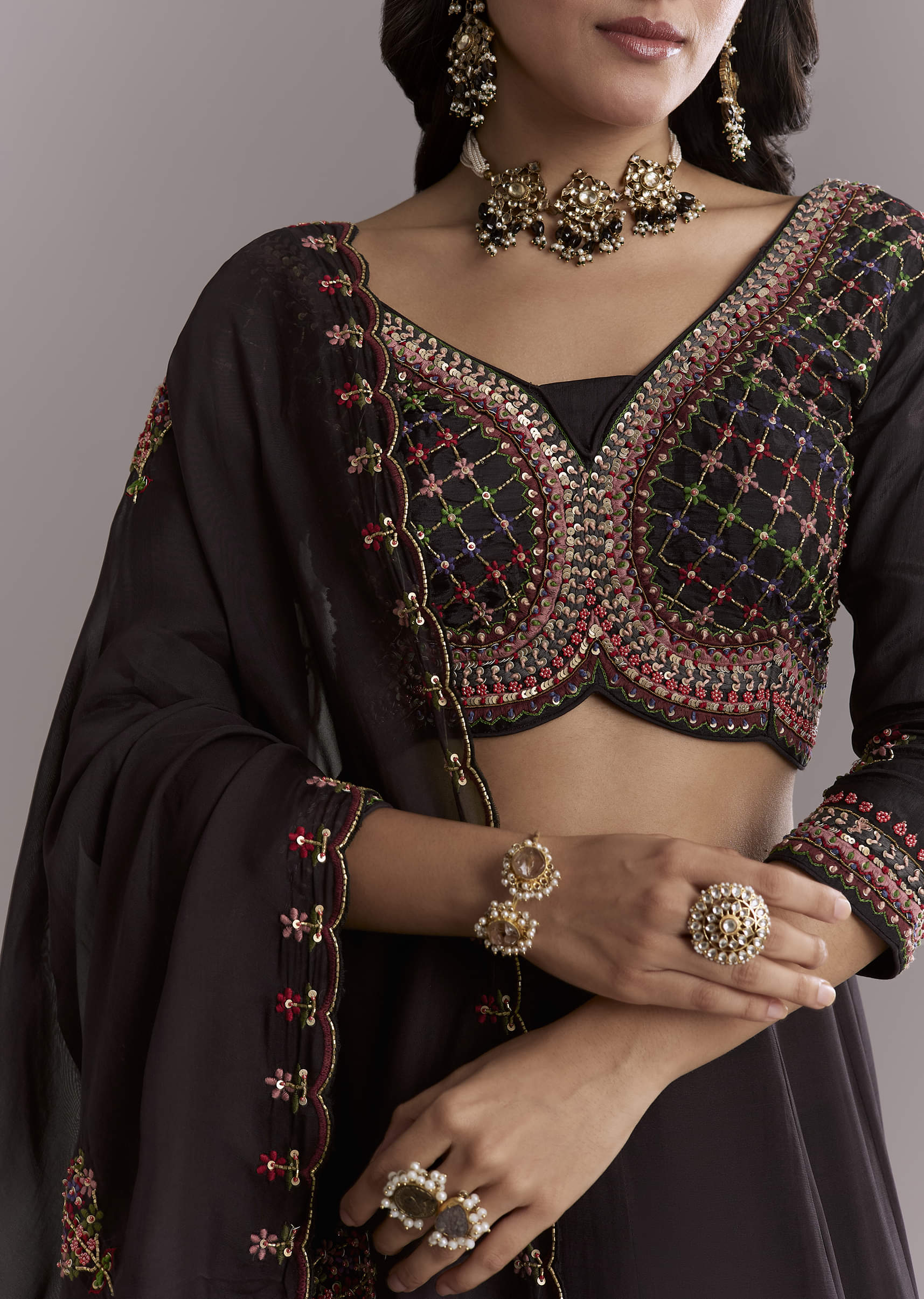 Black Organza Printed Bridesmaid Lehenga With Intricate Hand Embroidery - Image 3