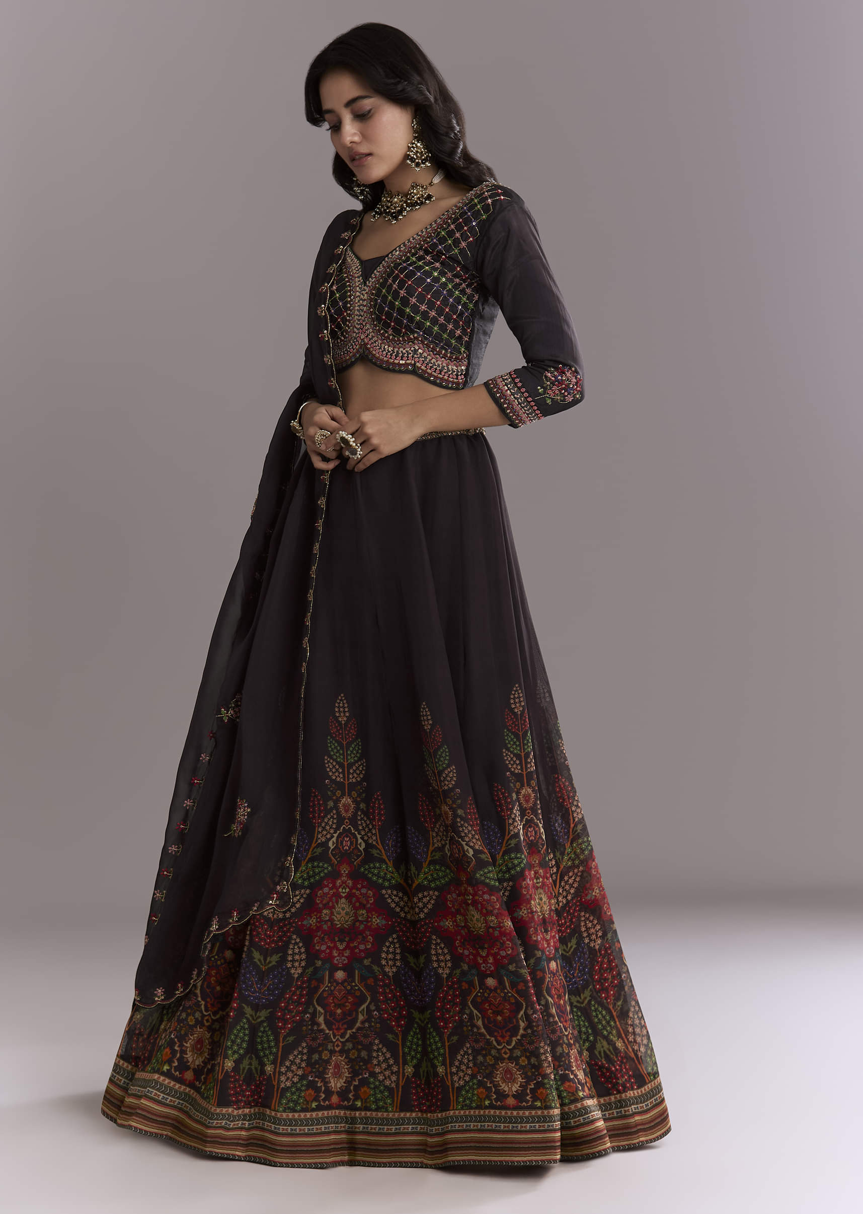 Black Organza Printed Bridesmaid Lehenga With Intricate Hand Embroidery - Image 4