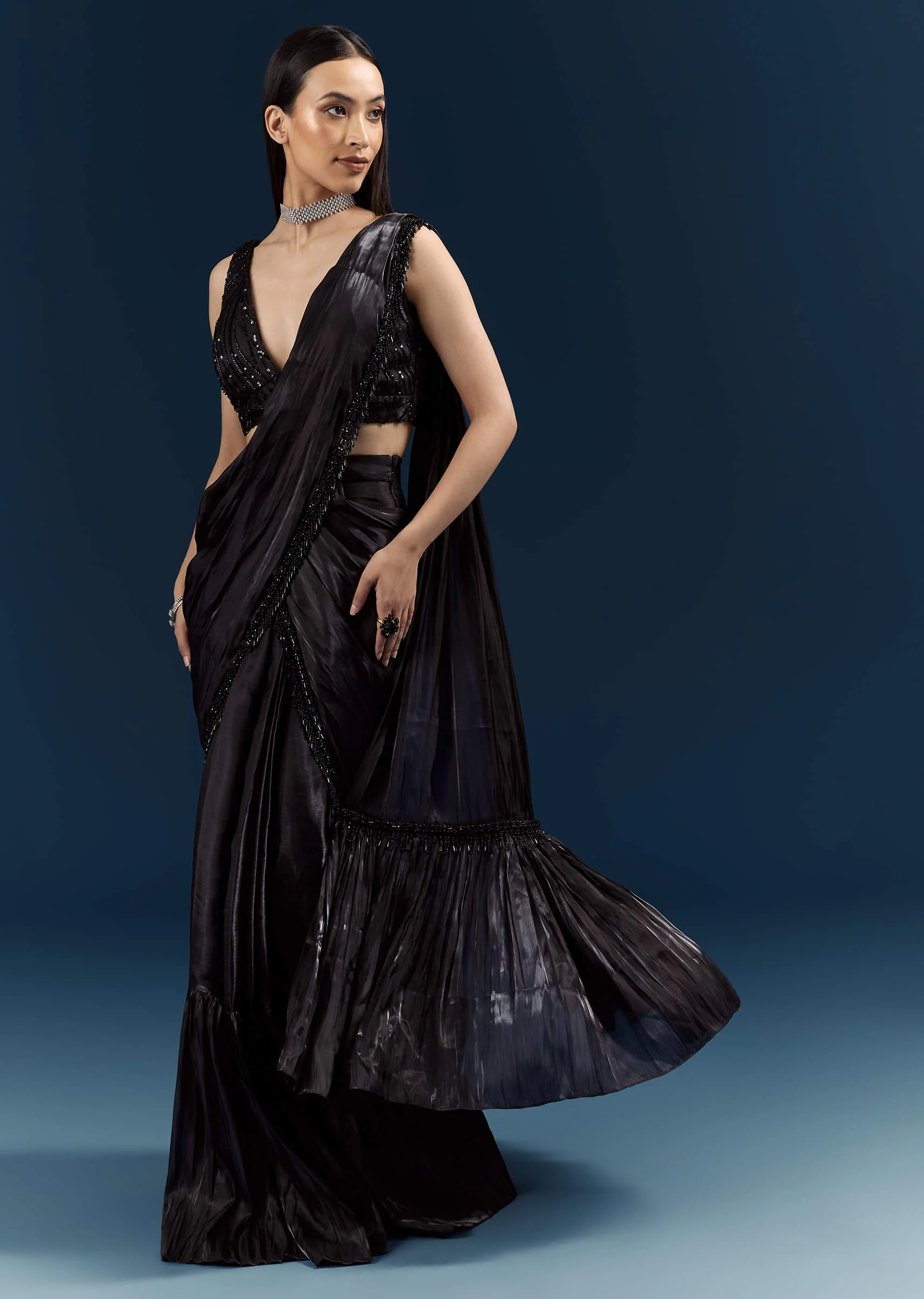 Black Organza Ready Pleated Saree With Heavy Embroidery