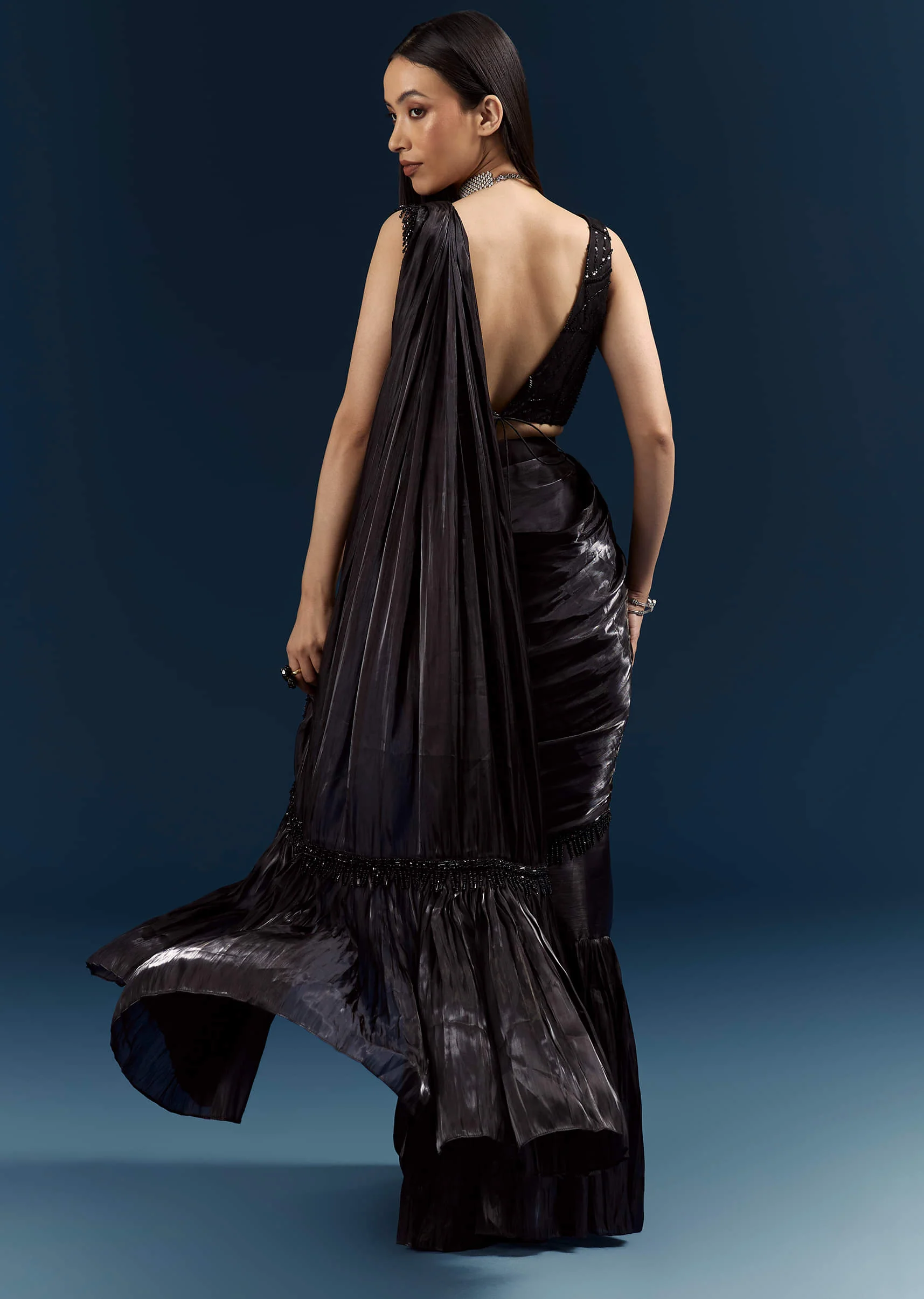 Black Organza Ready Pleated Saree With Heavy Embroidery - Image 6