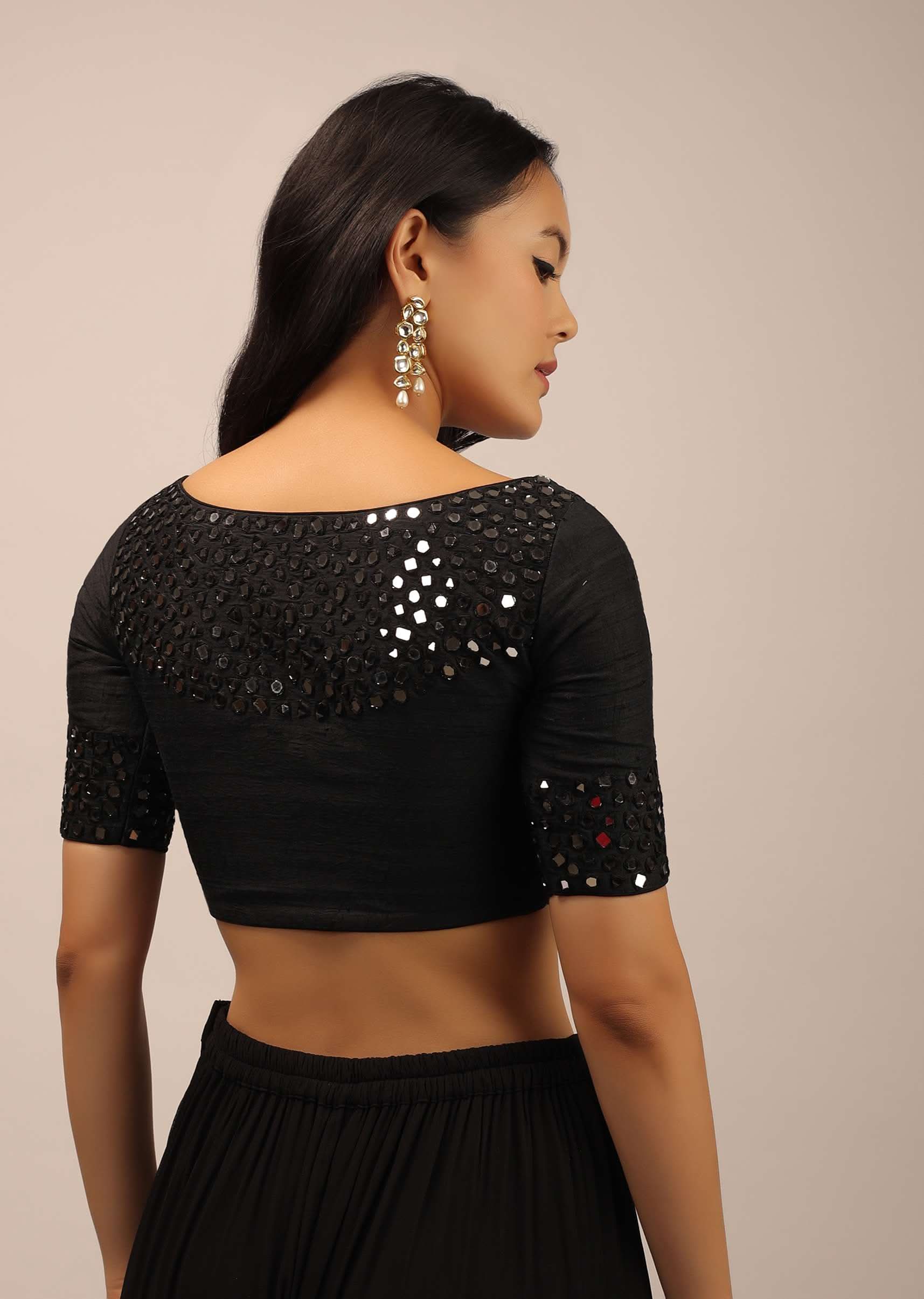Black Padded Blouse With Mirror Work And Half Sleeves - Image 2