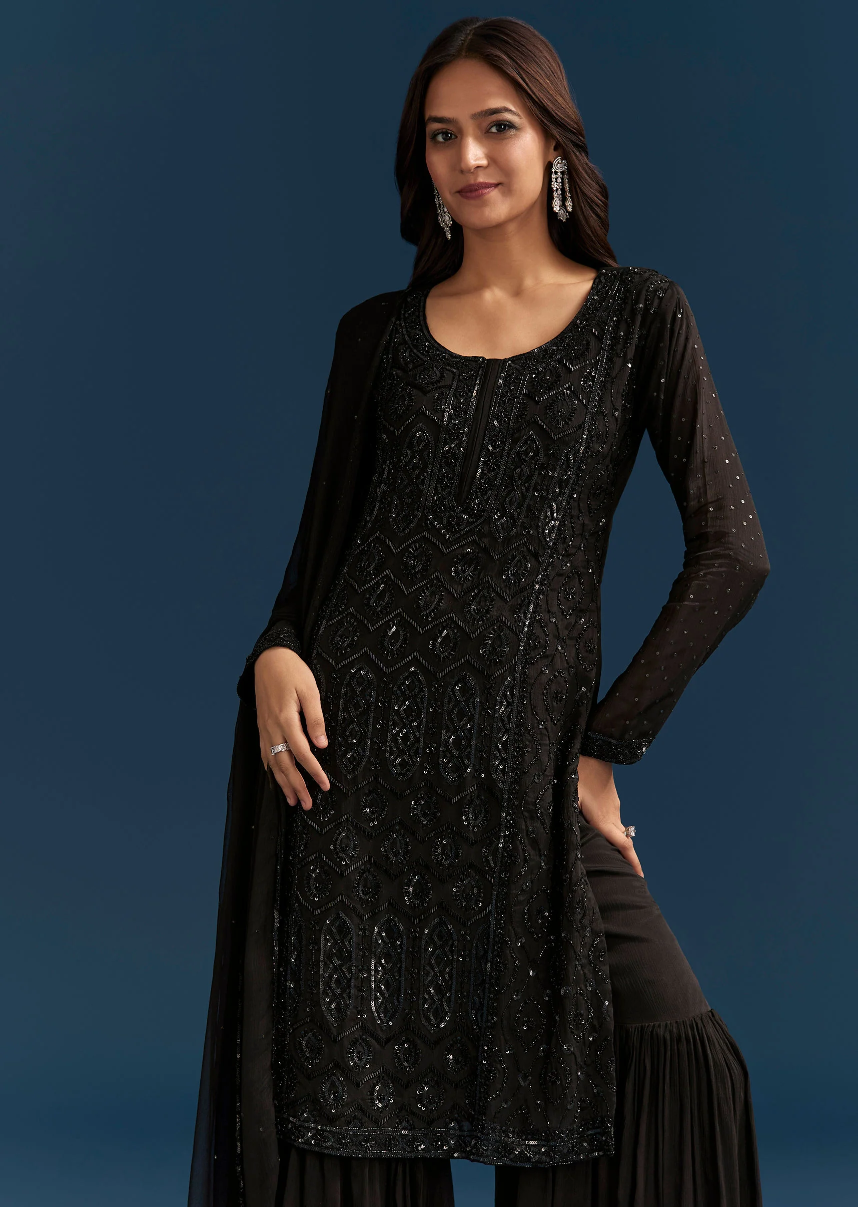 Black Pakistani Palazzo Suit With Sequins Embellished Kurta And Dupatta - Image 3