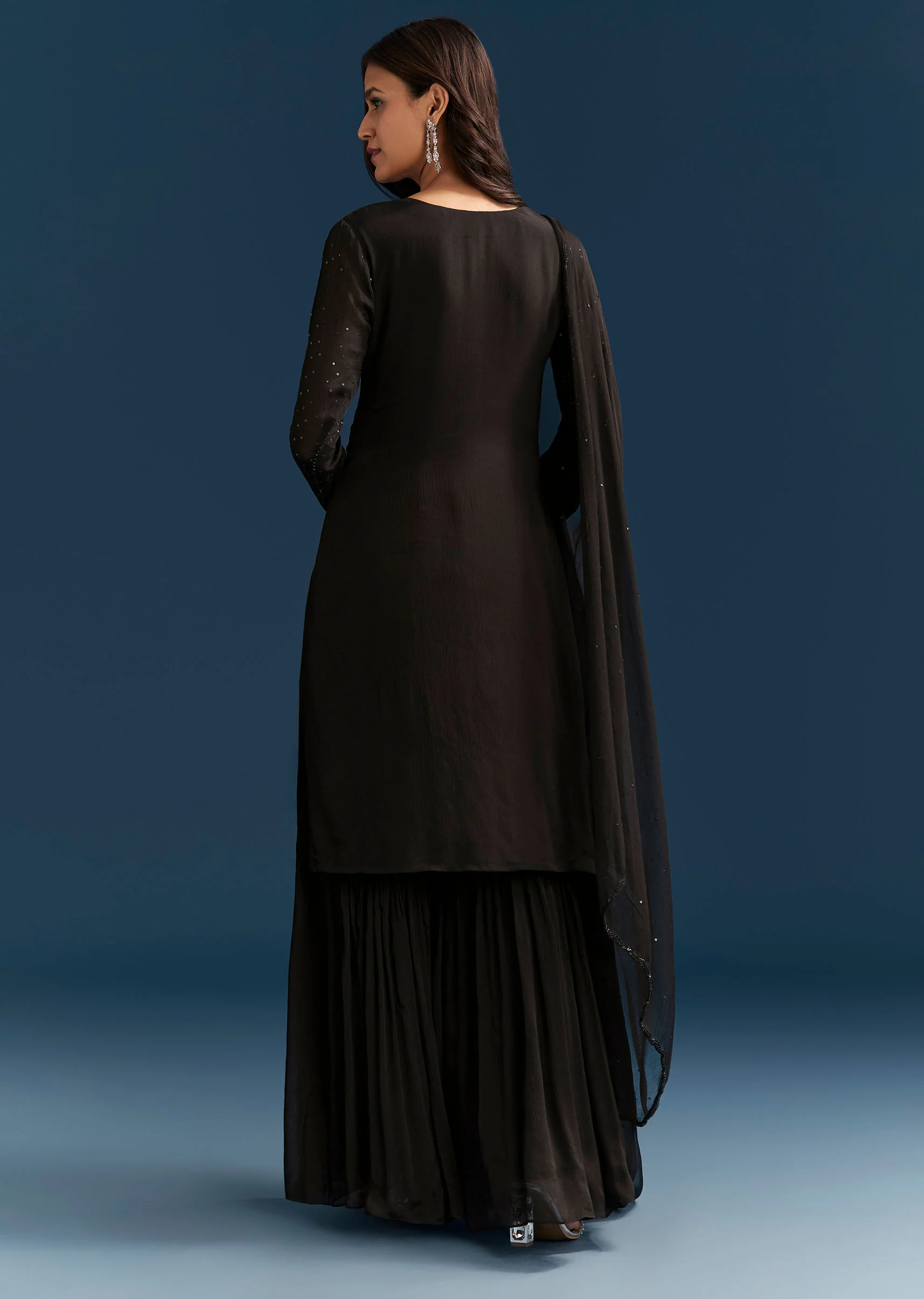 Black Pakistani Palazzo Suit With Sequins Embellished Kurta And Dupatta - Image 5