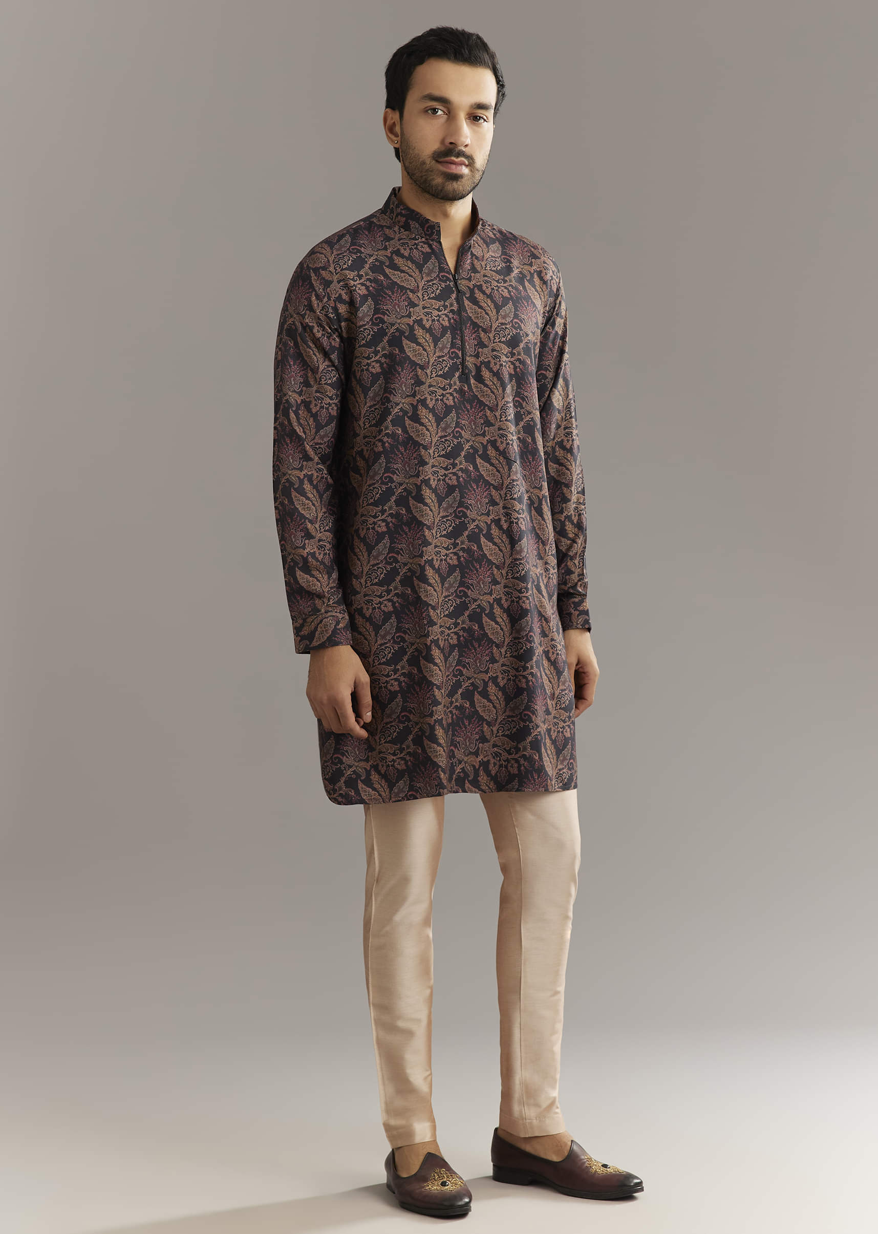Black Pashmina Silk Kurta Set With Vine Prints