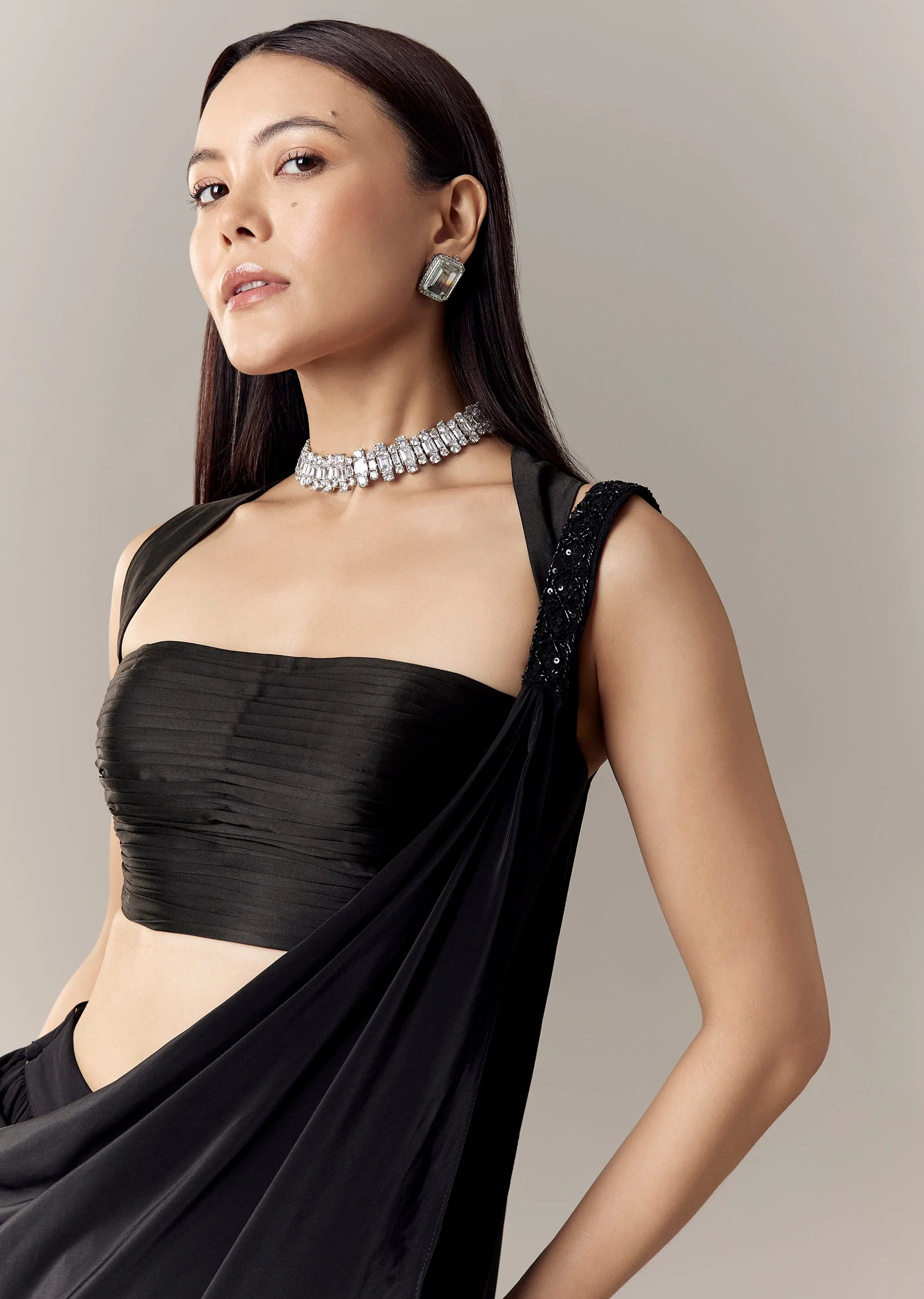 Black Pleated Square Neck Blouse