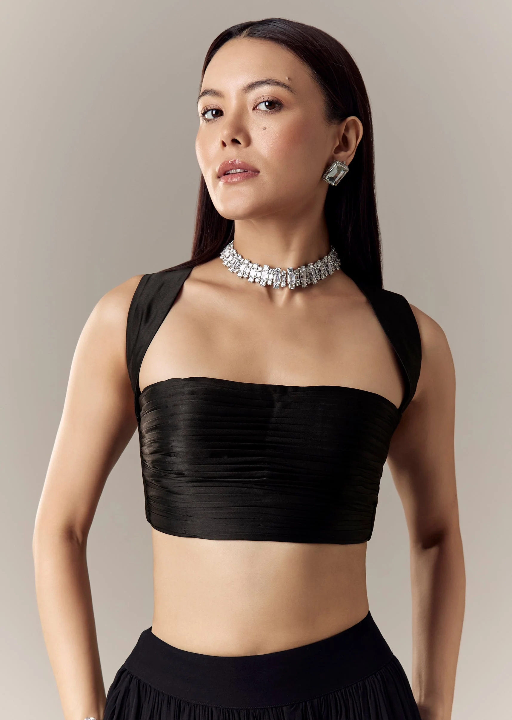 Black Pleated Square Neck Blouse - Image 2
