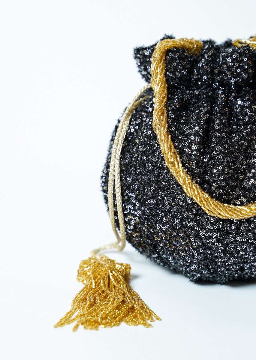 Black Potli Bag In Sequins Fabric With Cut Dana Tassels And Handle By Solasta - Image 3