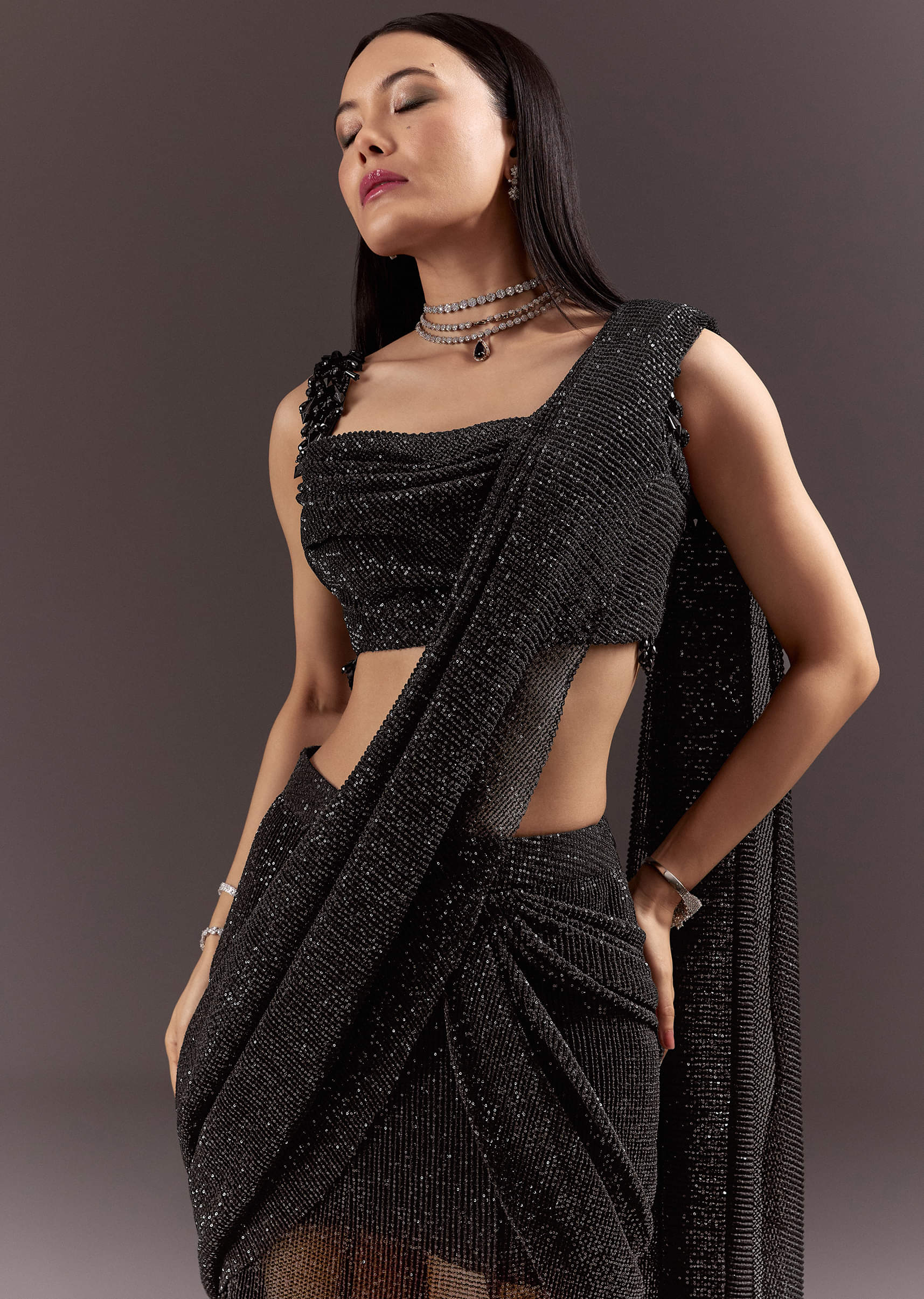 Black Pre Stitched Slit Saree With Cowl Blouse - Image 2