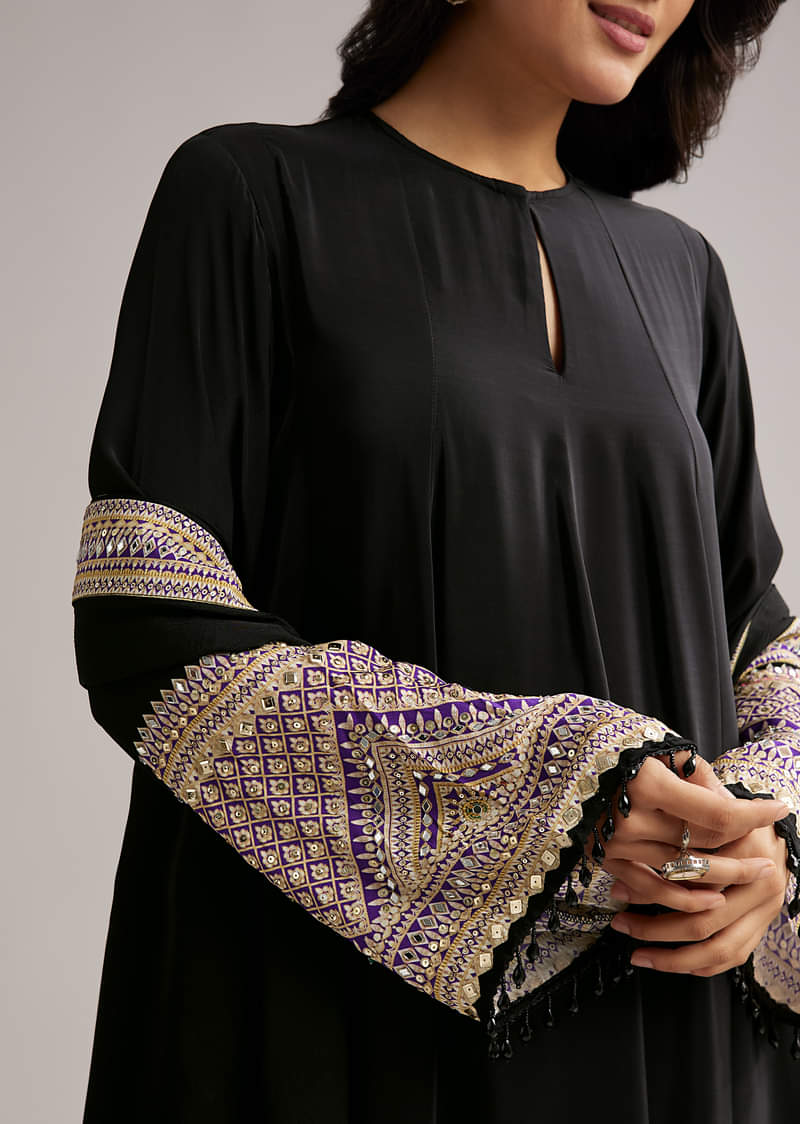 Black Printed Border Anarkali Set With Palazzo And Dupatta - Image 2