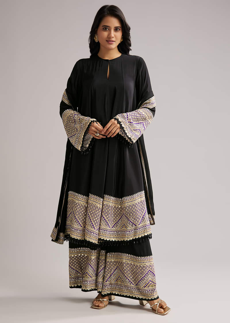 Black Printed Border Anarkali Set With Palazzo And Dupatta - Image 4