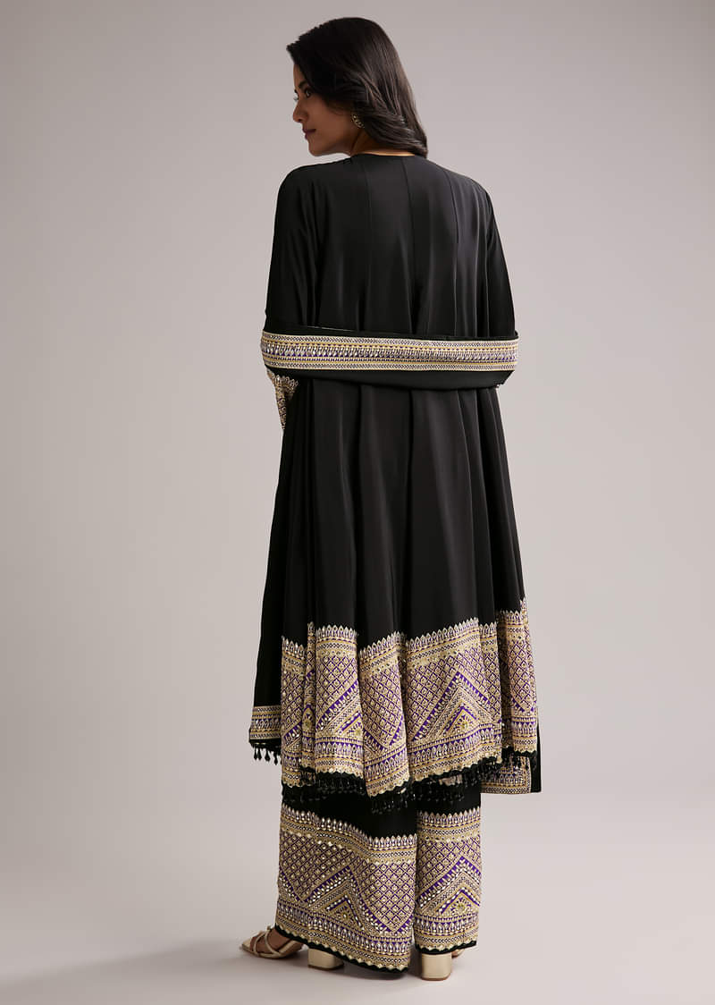 Black Printed Border Anarkali Set With Palazzo And Dupatta - Image 6