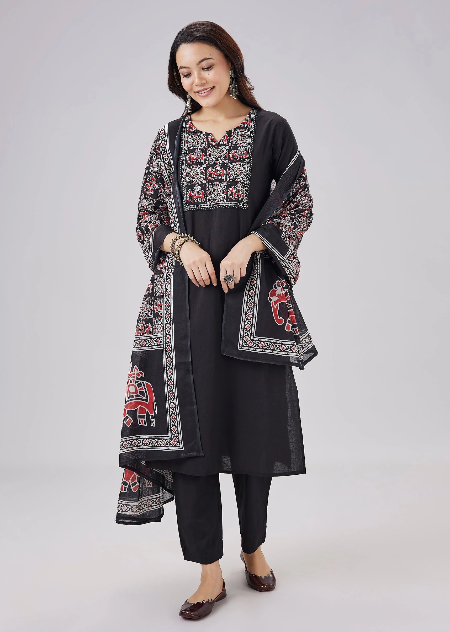 Black Printed Cotton Kurta Set With Dupatta