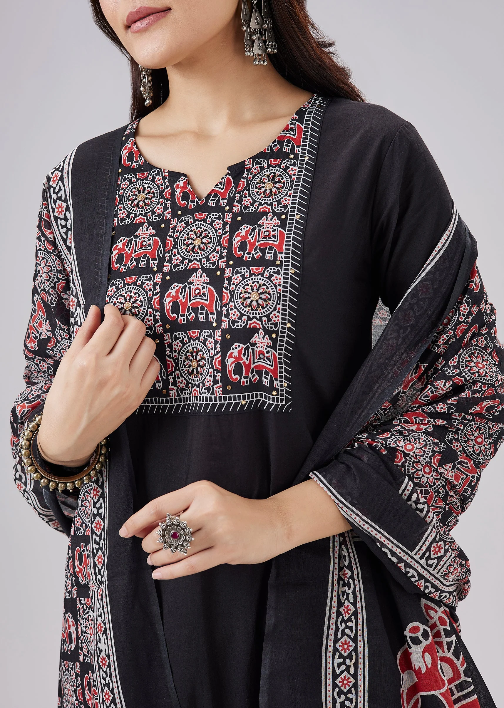 Black Printed Cotton Kurta Set With Dupatta - Image 2