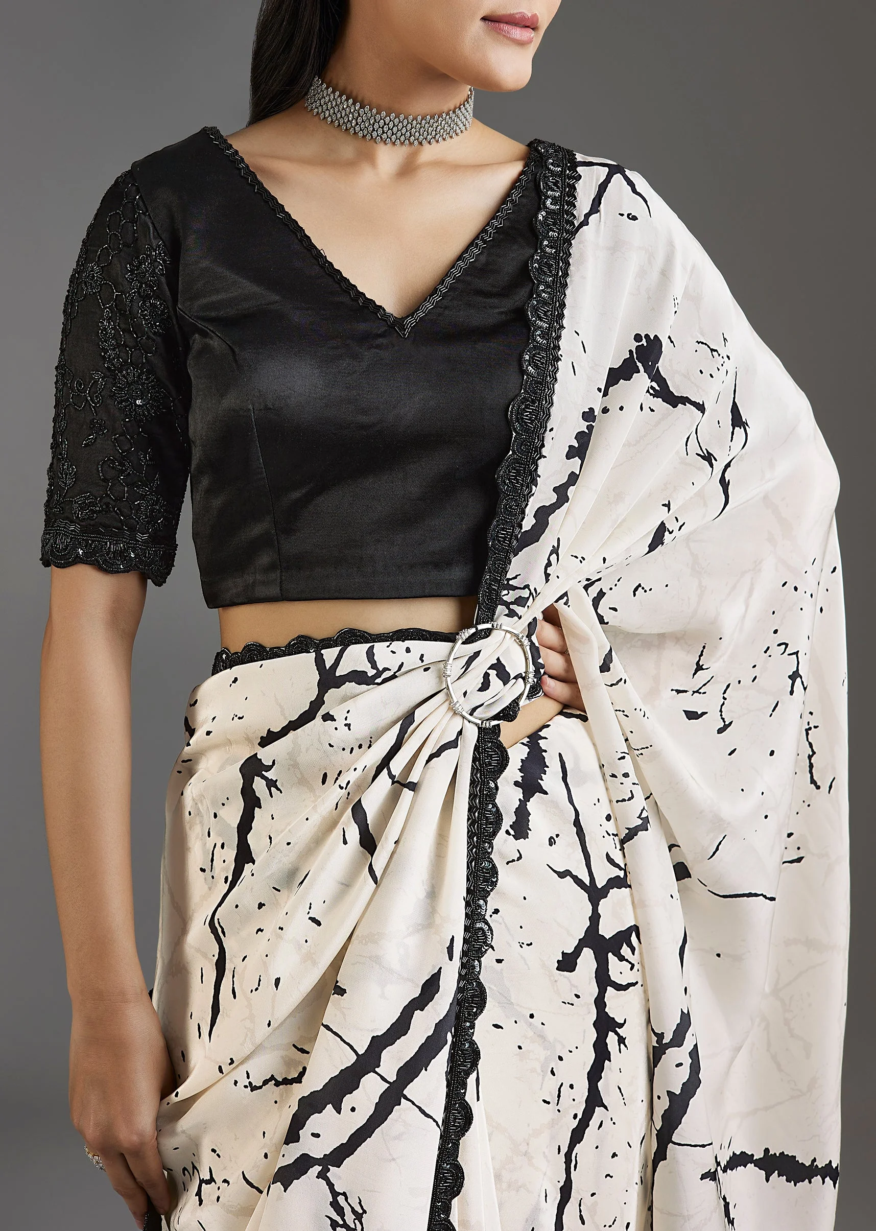 Black Printed Crepe Saree With Satin Blouse - Image 3