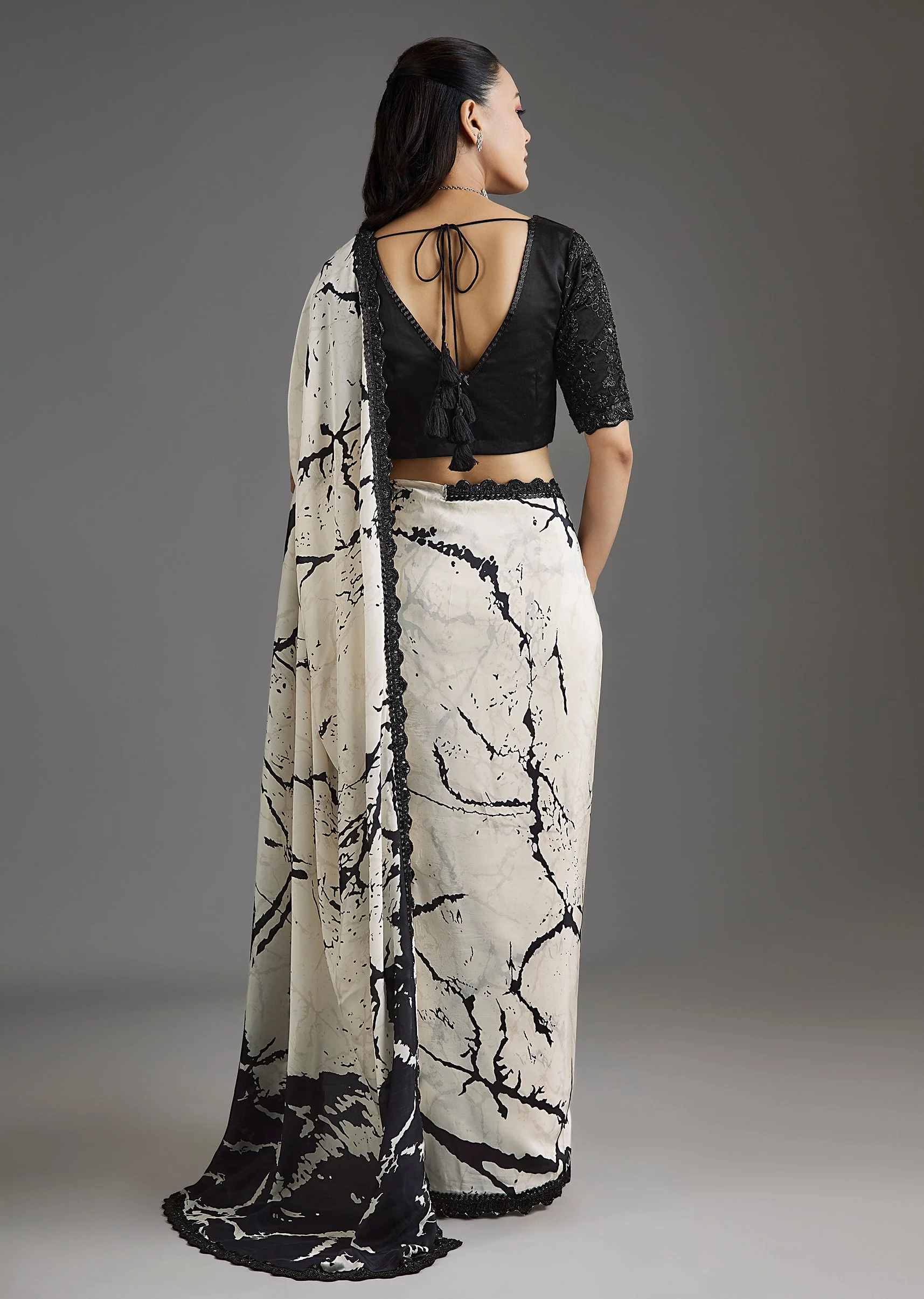 Black Printed Crepe Saree With Satin Blouse - Image 5