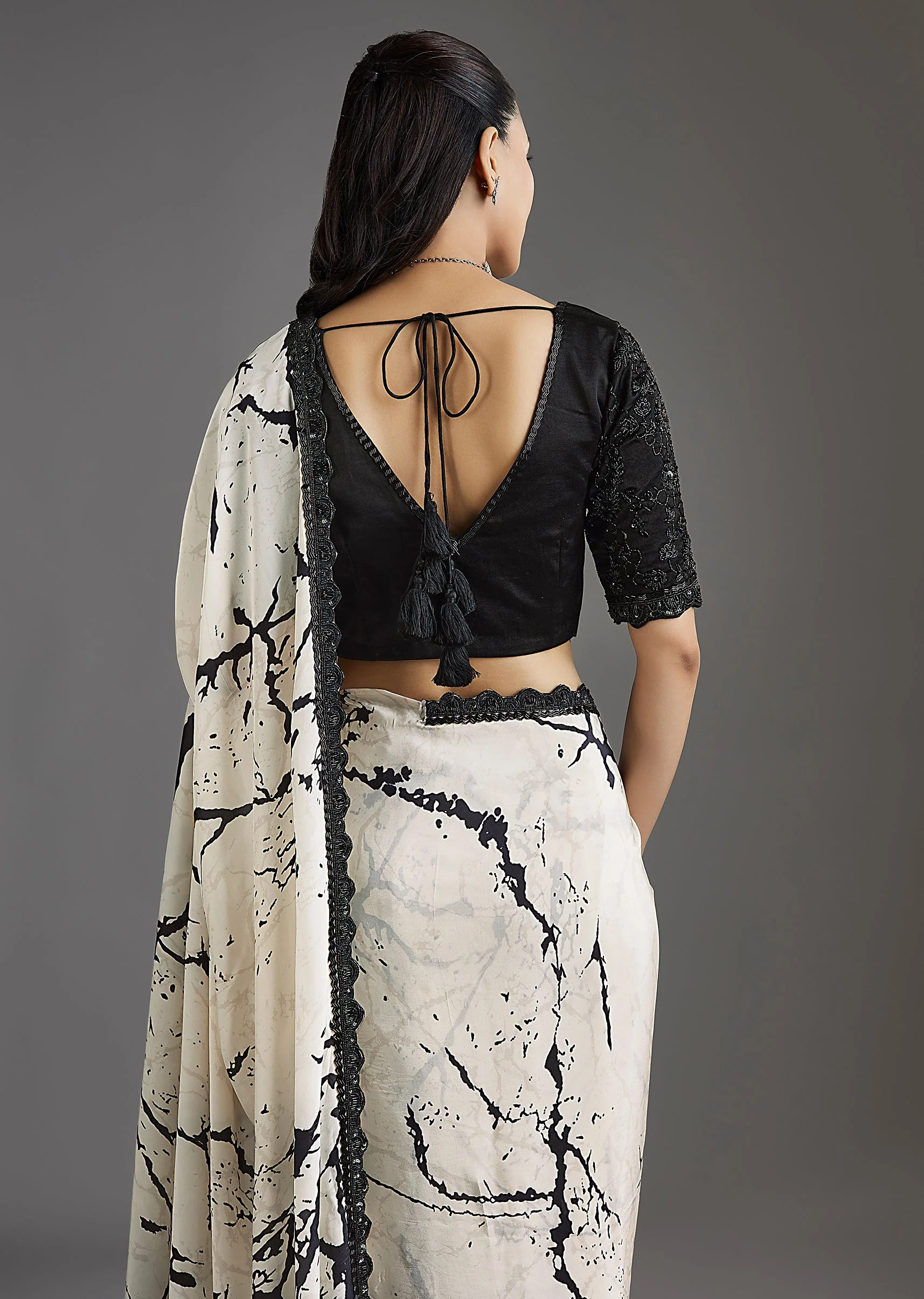 Black Printed Crepe Saree With Satin Blouse - Image 7