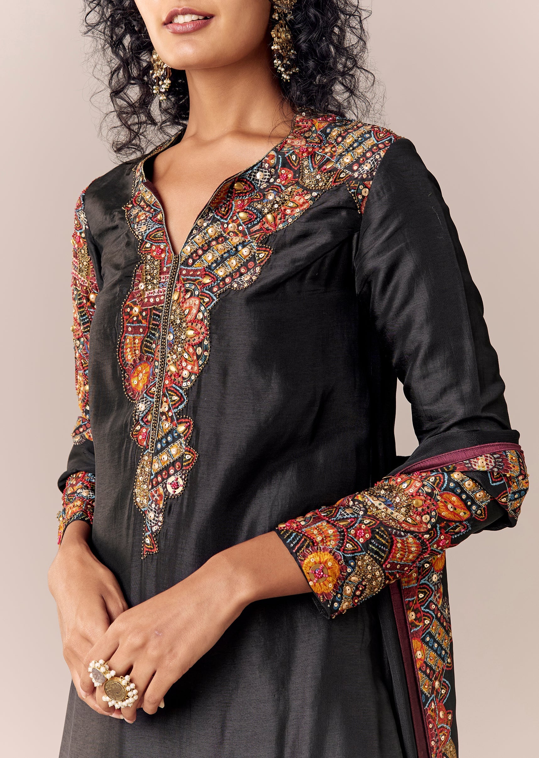 Black Printed Kurta Pant Set With Dupatta - Image 2