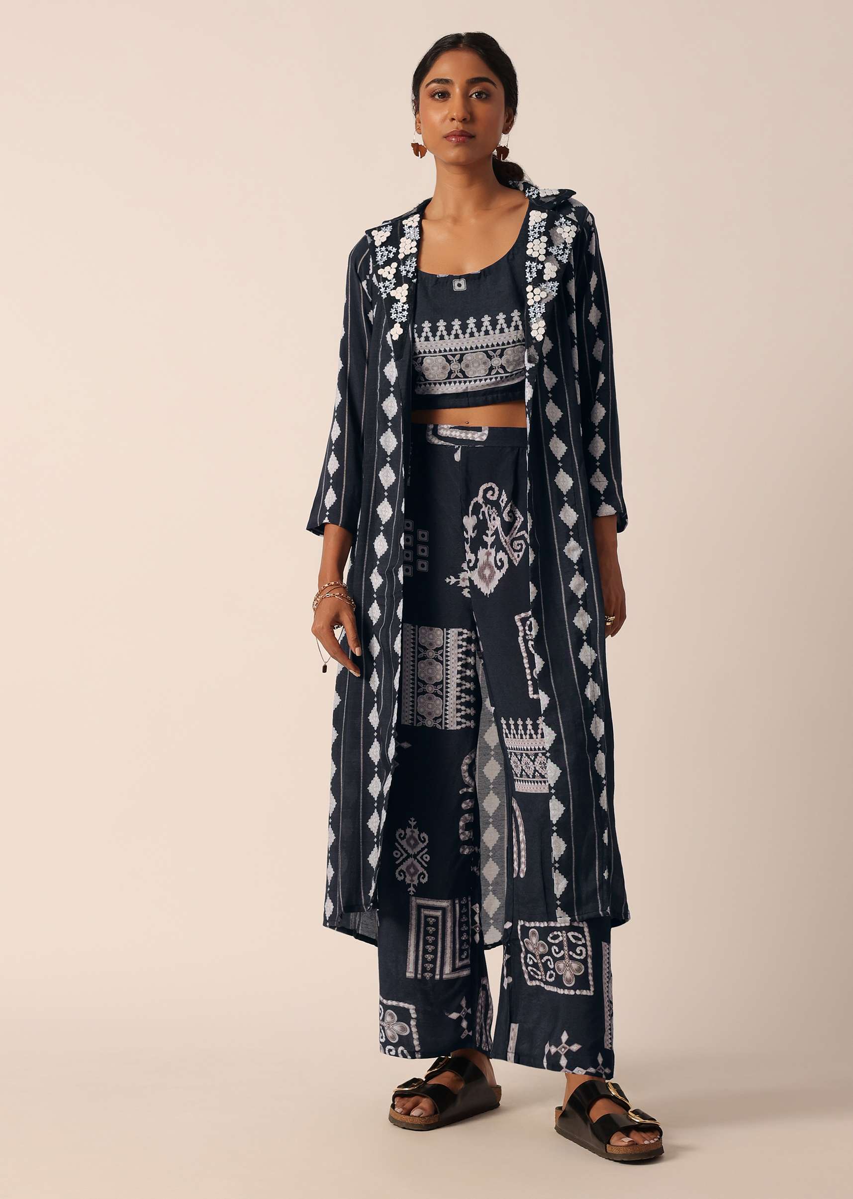 Black Printed Long Jacket And Pant Set In Cotton - Image 3