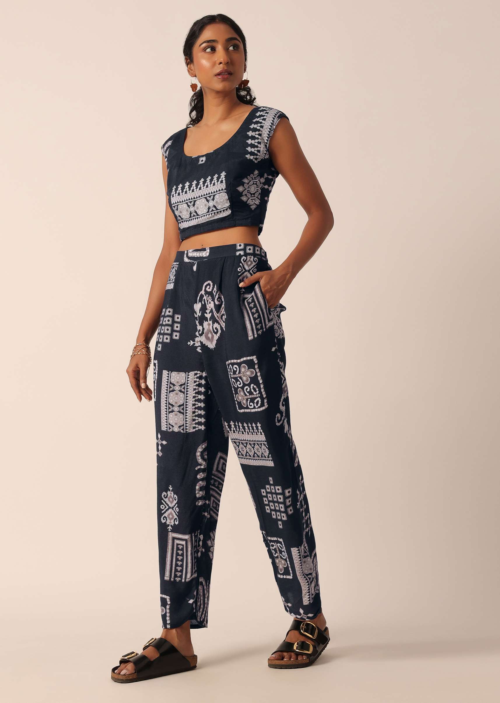 Black Printed Long Jacket And Pant Set In Cotton - Image 6