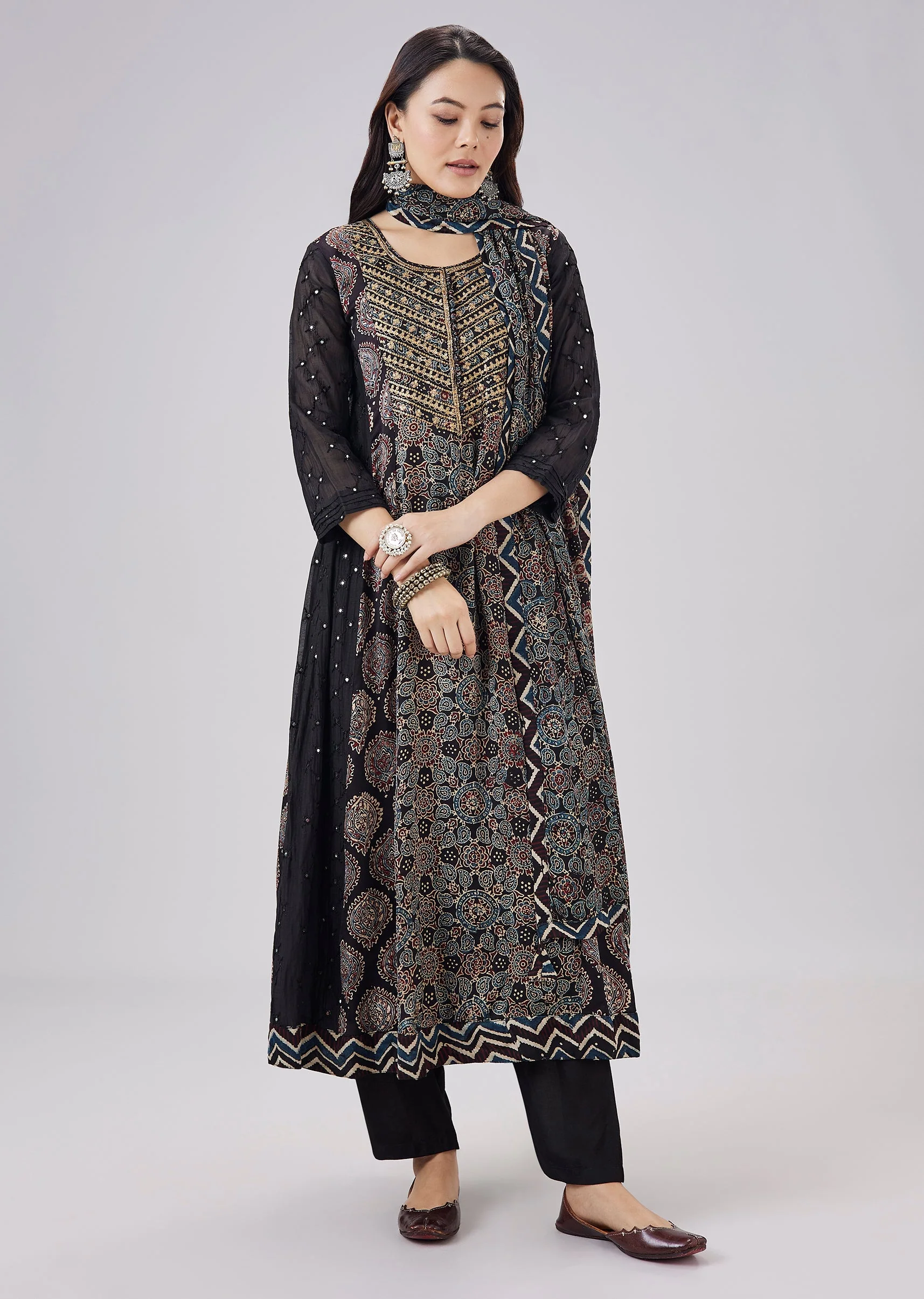 Black Pure Ajrakh Printed Modal Silk Anarkali Set With Dupatta - Image 3