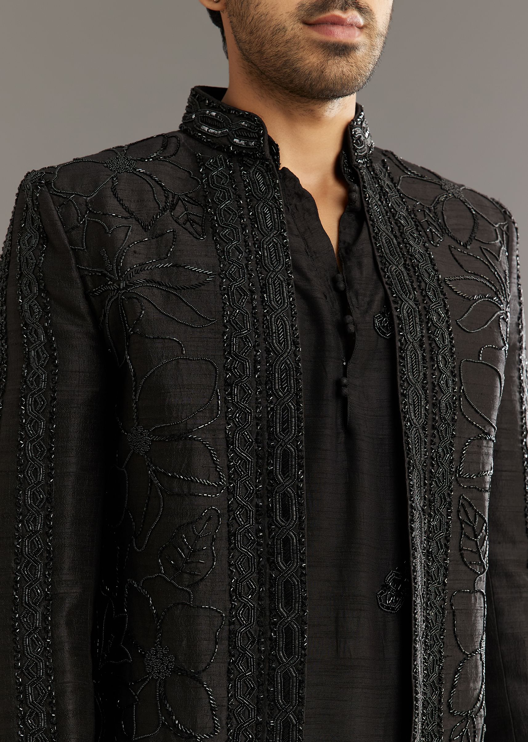 Black Raw Silk Indo Western Set With Beaded Work