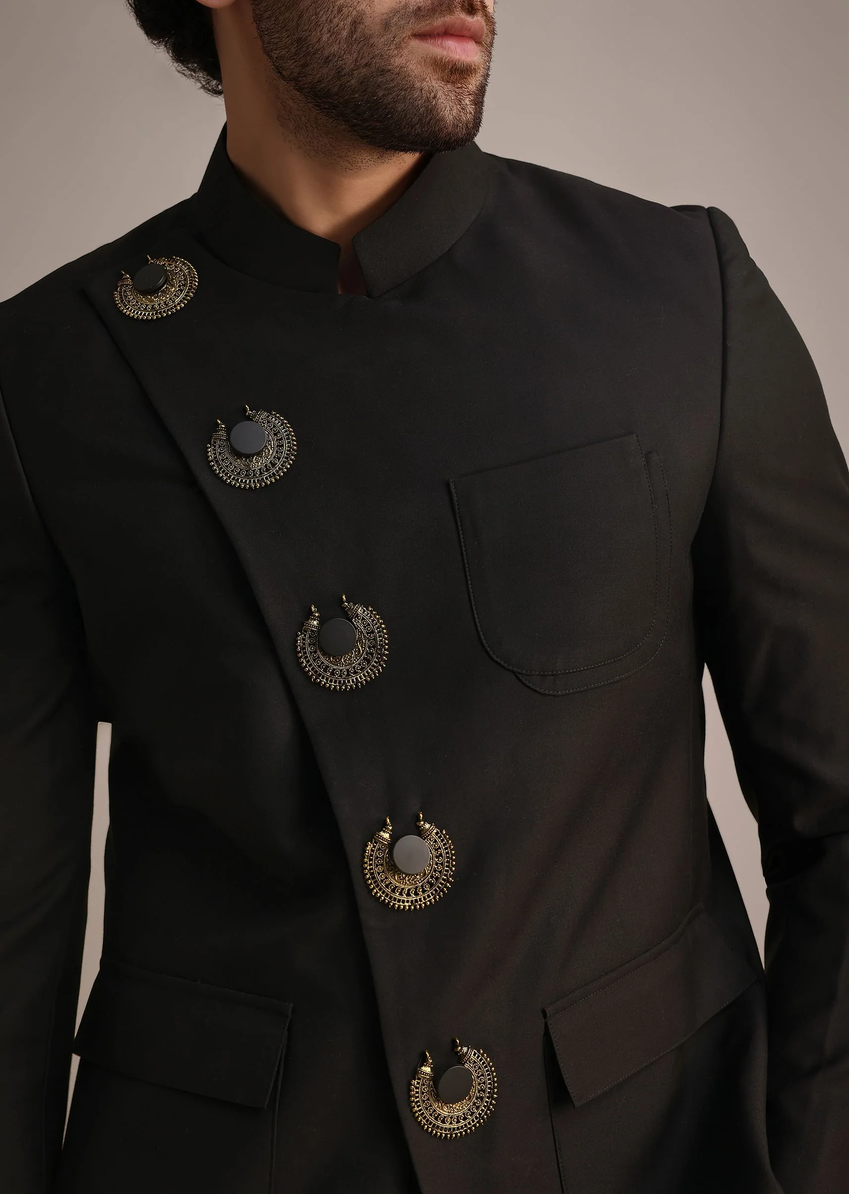 Black Rayon Angrakha Jodhpuri Suit - Image 2