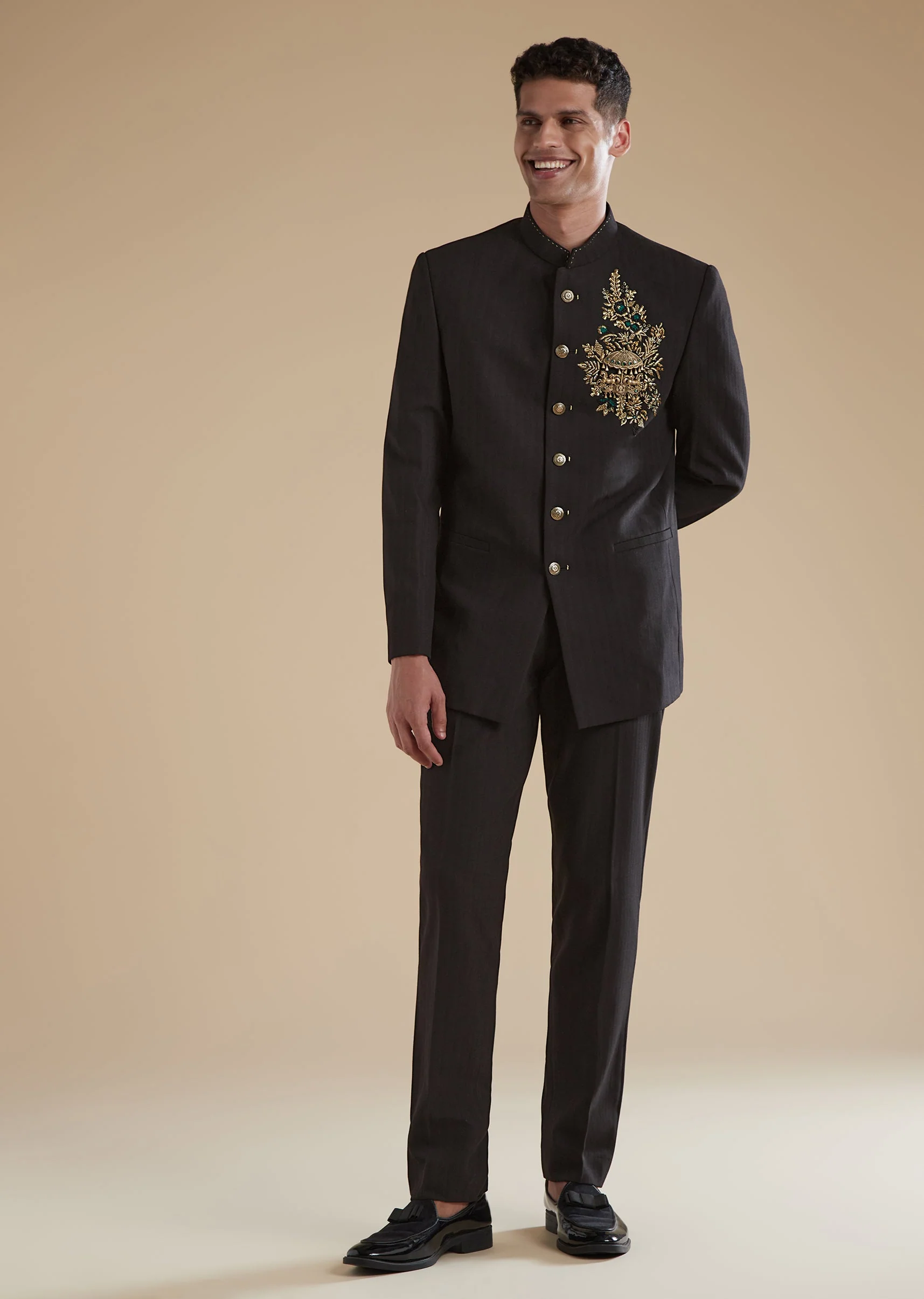 Black Rayon Jodhpuri Set With Metal Zardosi Thread Resham Work - Image 3