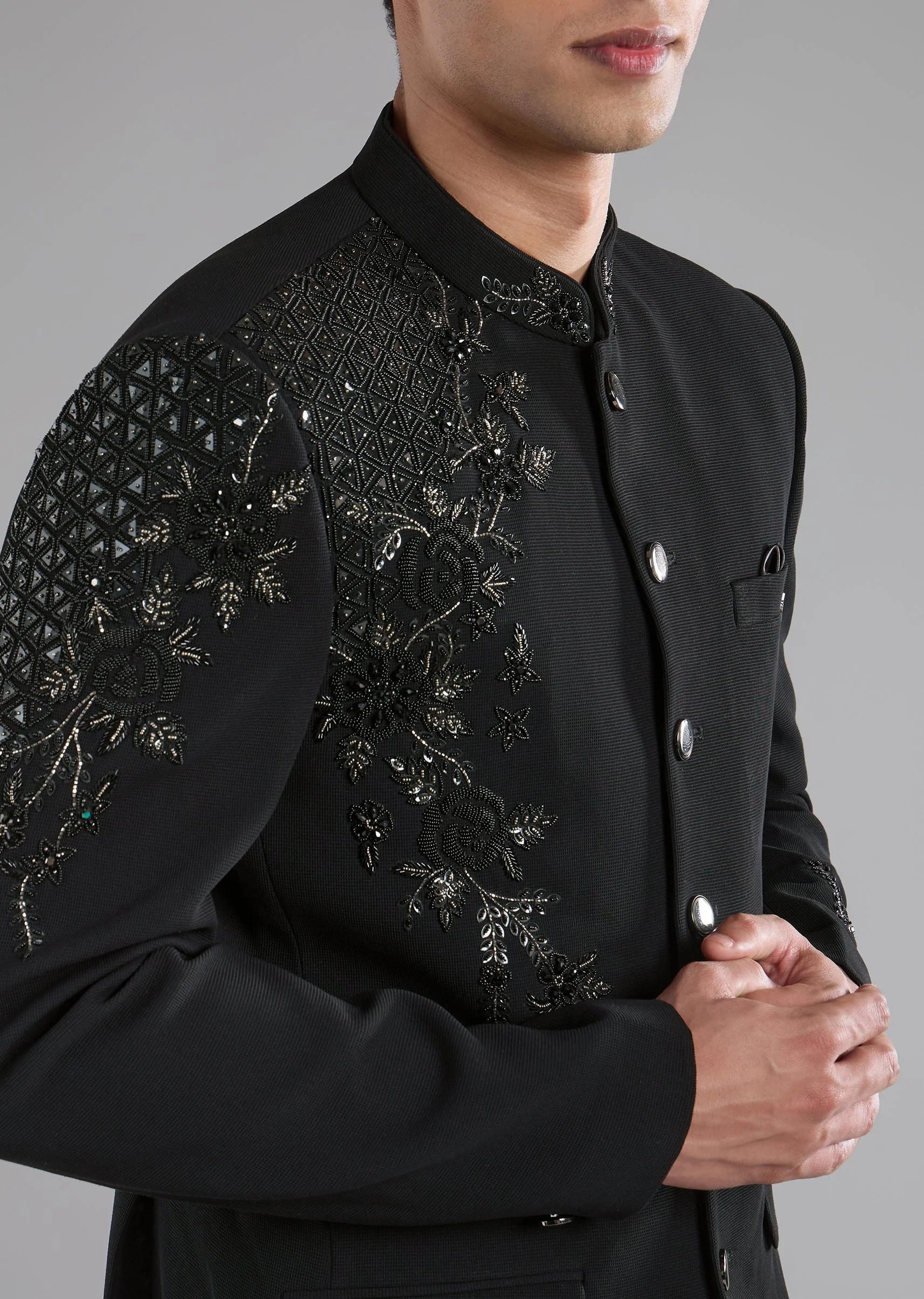 Black Rayon Jodhpuri Set with Stone Embellishments