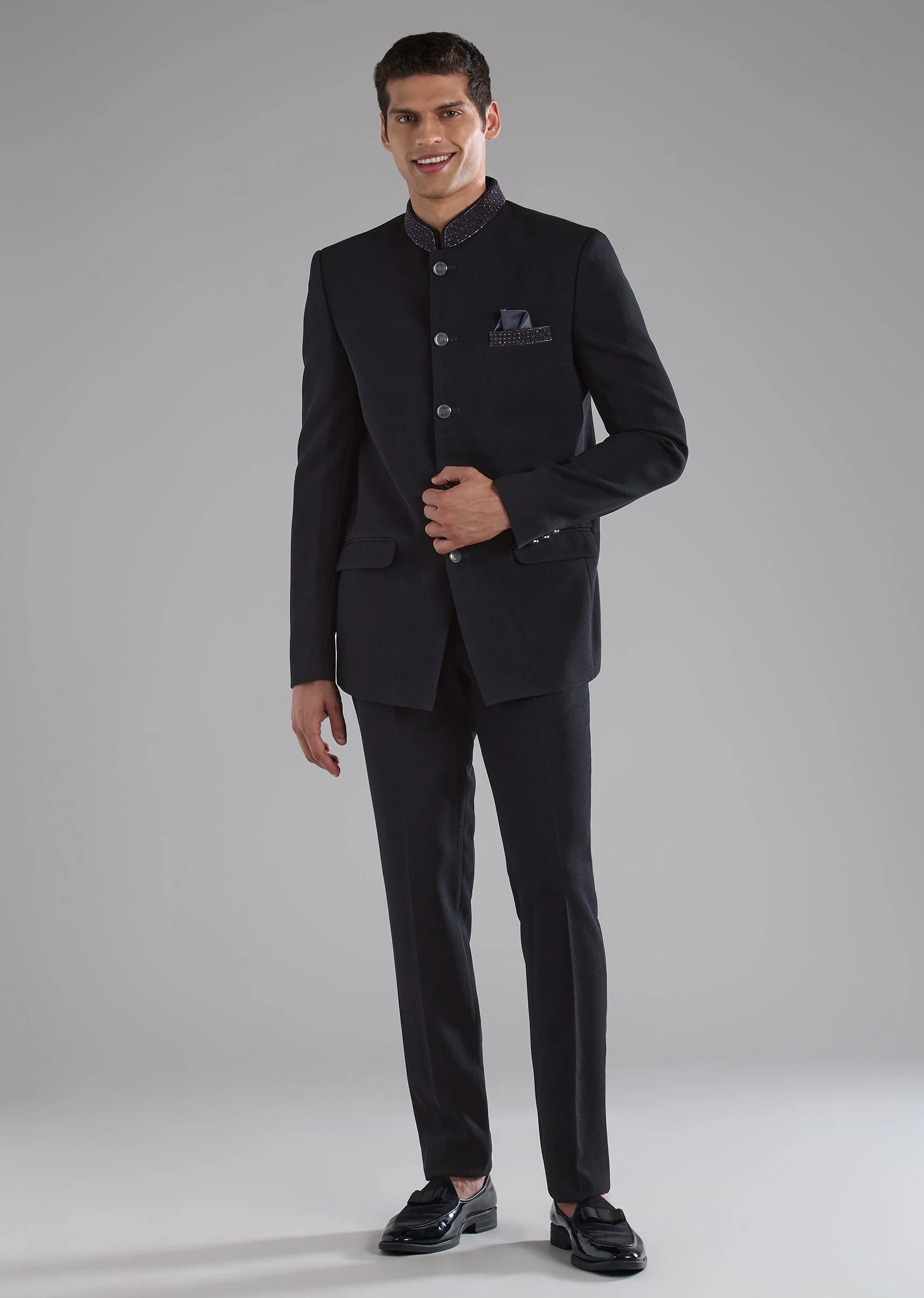 Black Rayon Jodhpuri Set with Stone Work