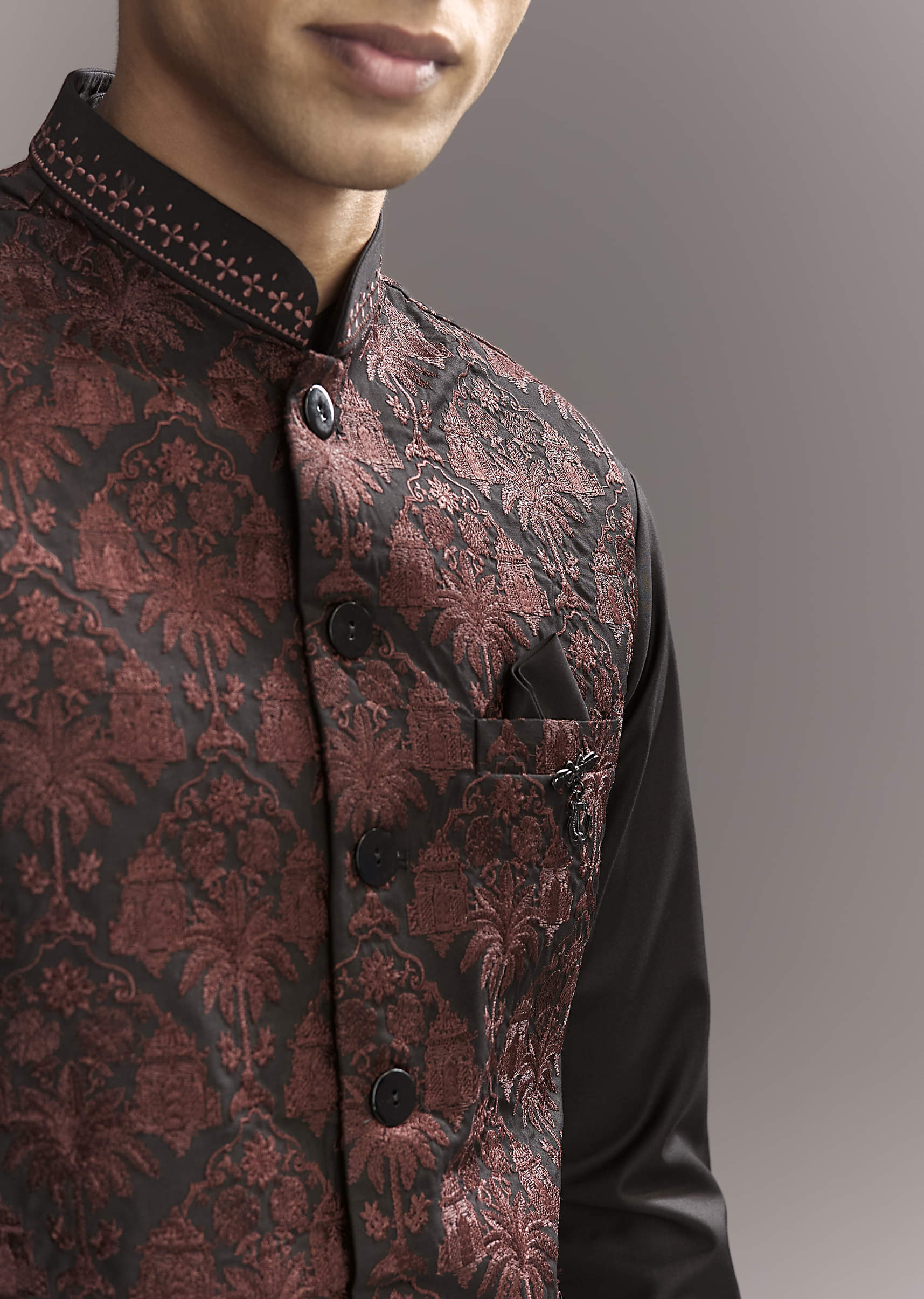 Black Rayon Kurta Jacket Set For Men With Intricate Resham Work - Image 2