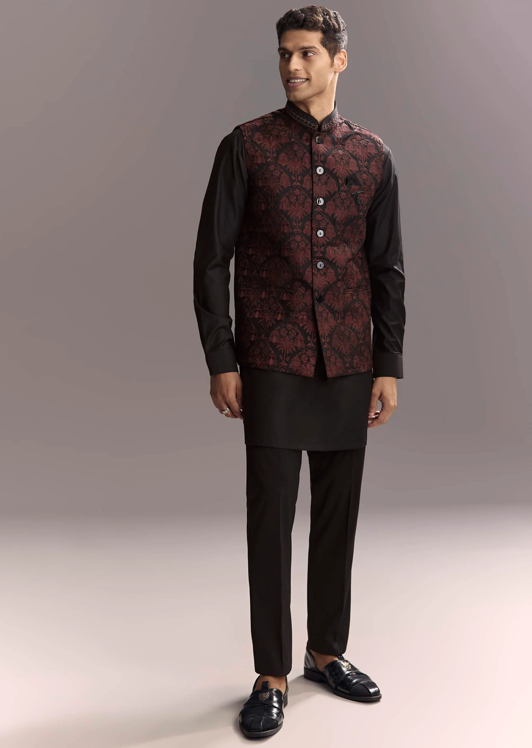Black Rayon Kurta Jacket Set For Men With Intricate Resham Work - Image 3