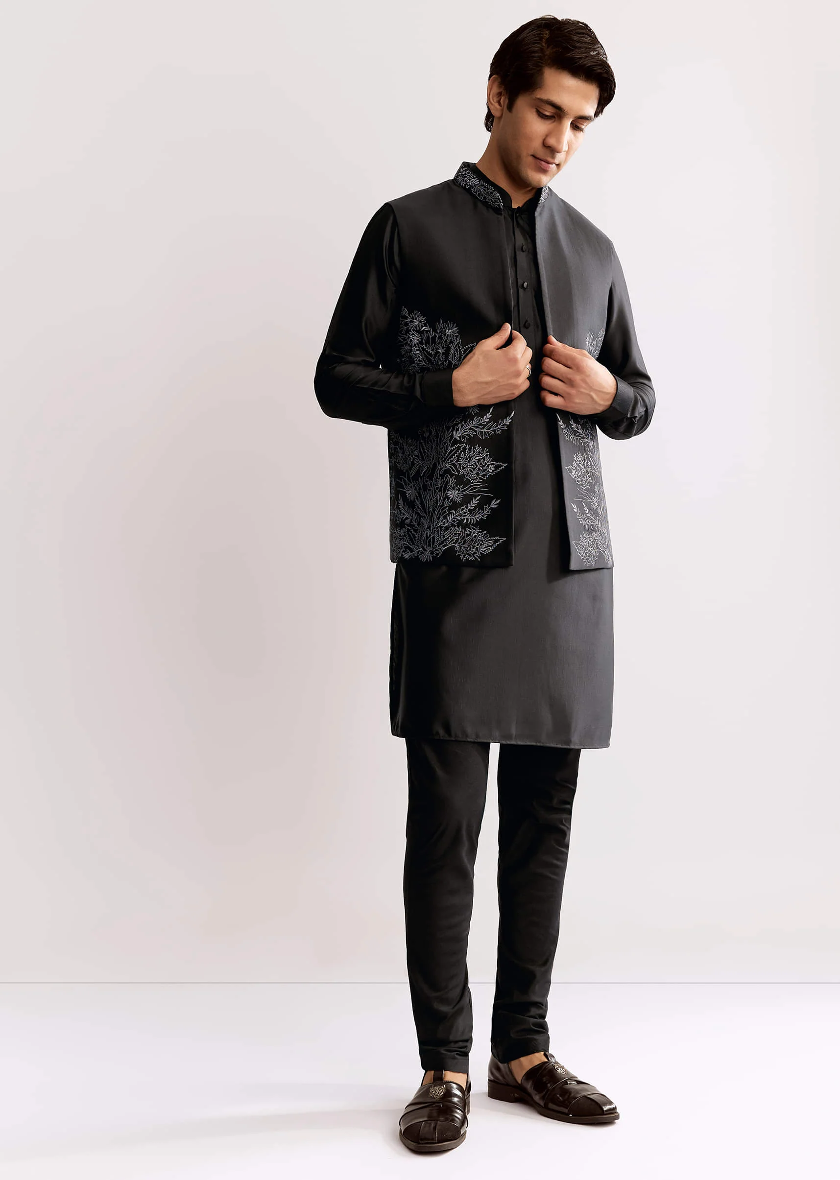Black Rayon Kurta Jacket Set With Embroidery - Image 2