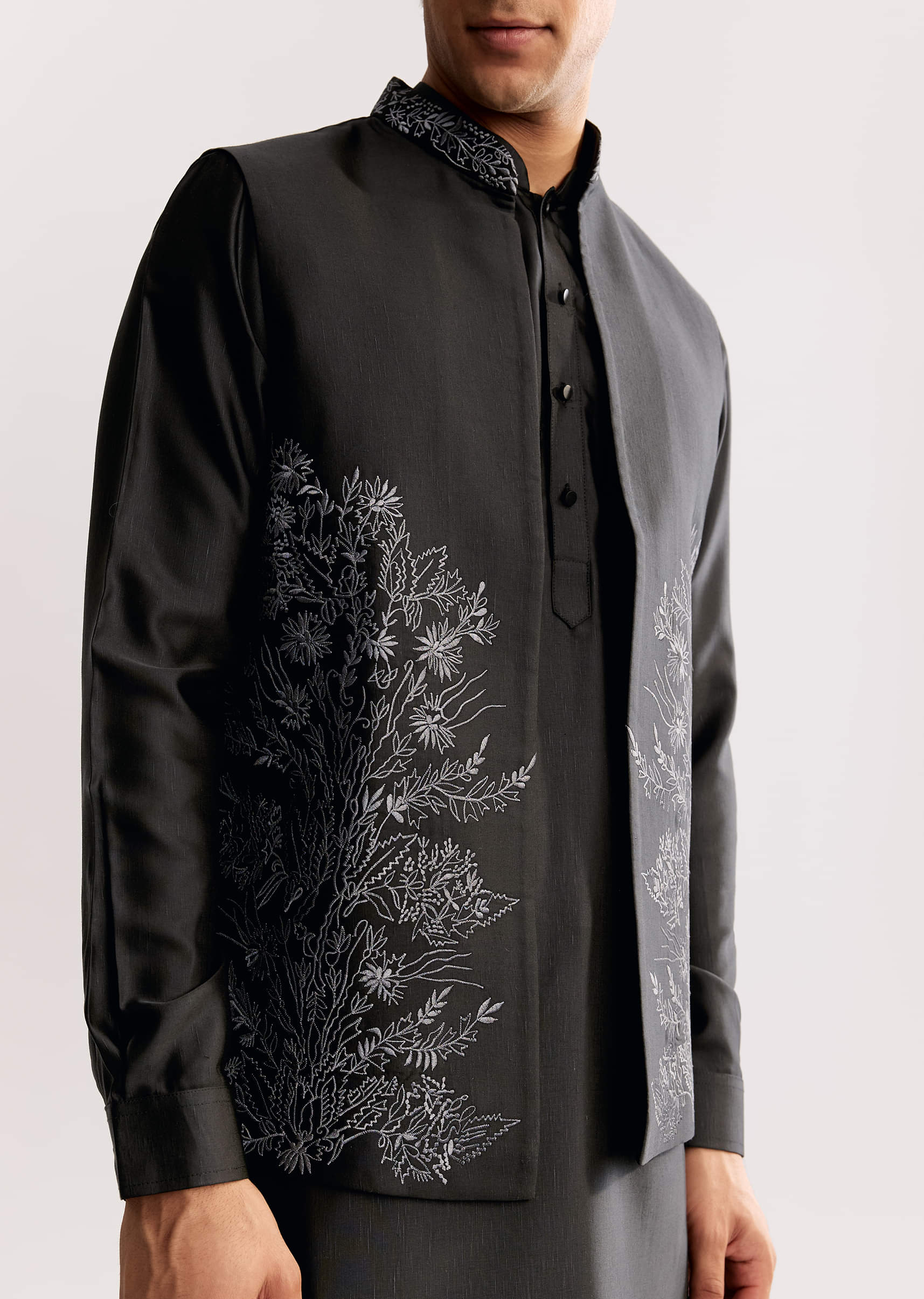 Black Rayon Kurta Jacket Set With Embroidery - Image 3