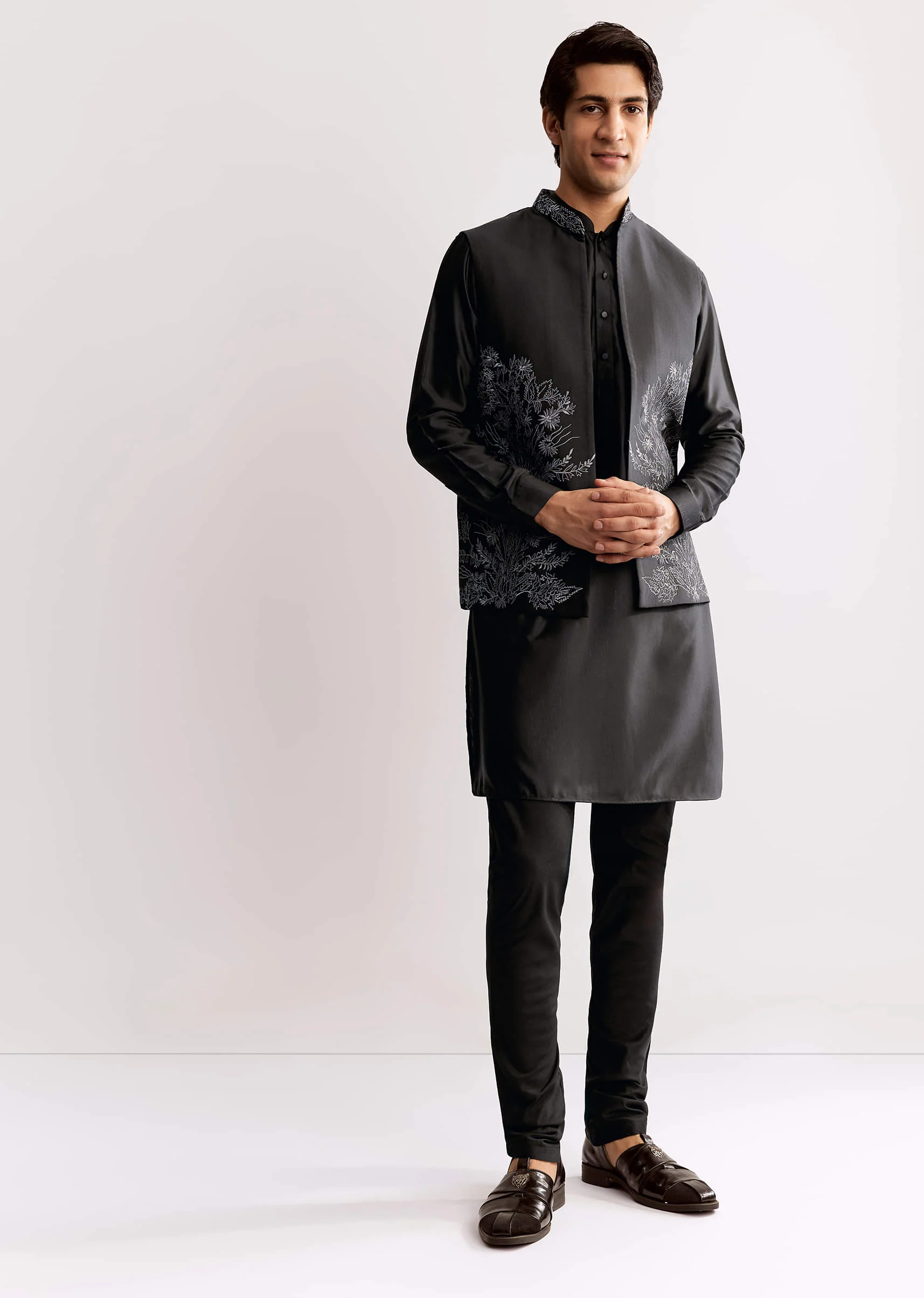 Black Rayon Kurta Jacket Set With Embroidery - Image 4