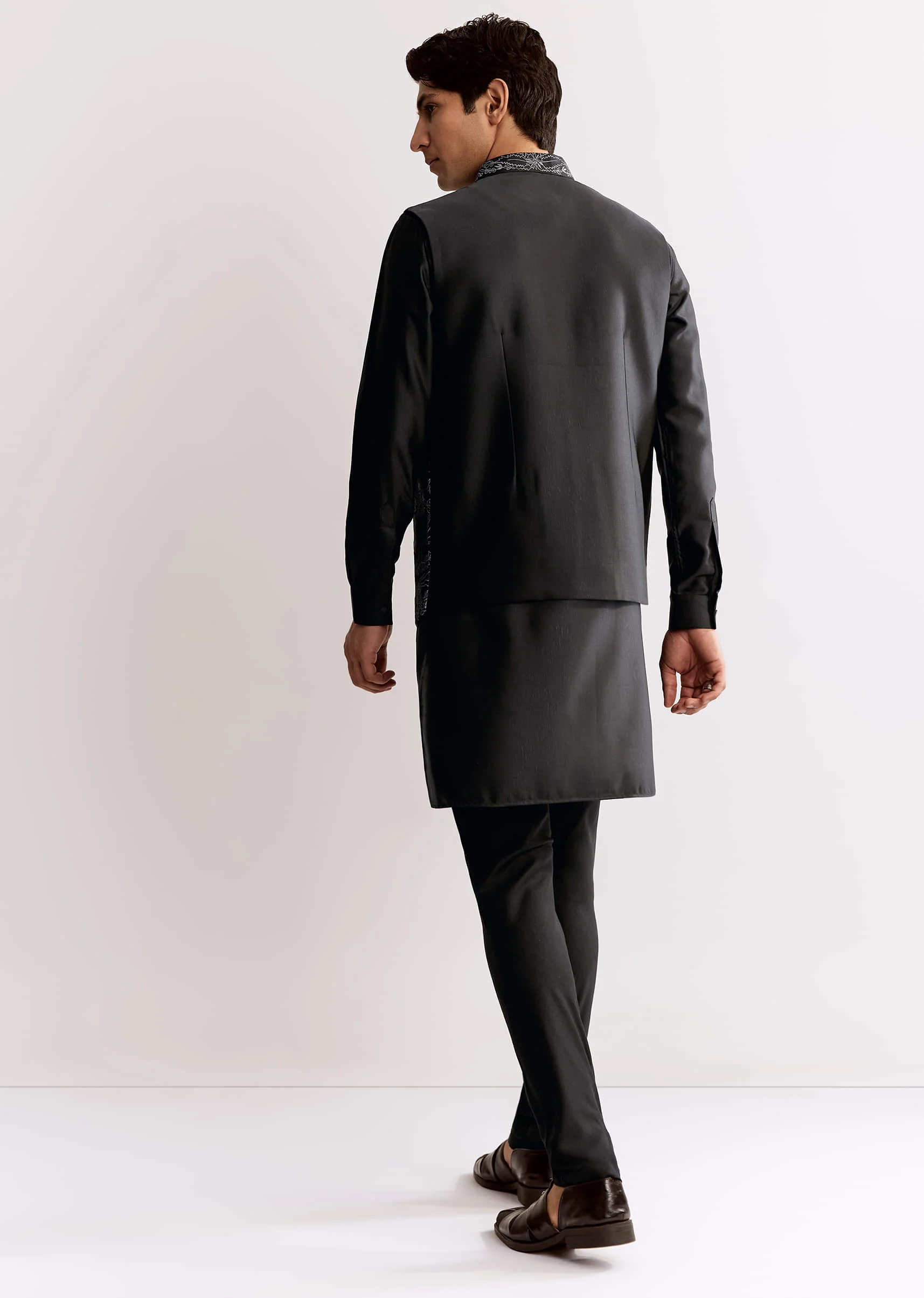 Black Rayon Kurta Jacket Set With Embroidery - Image 5