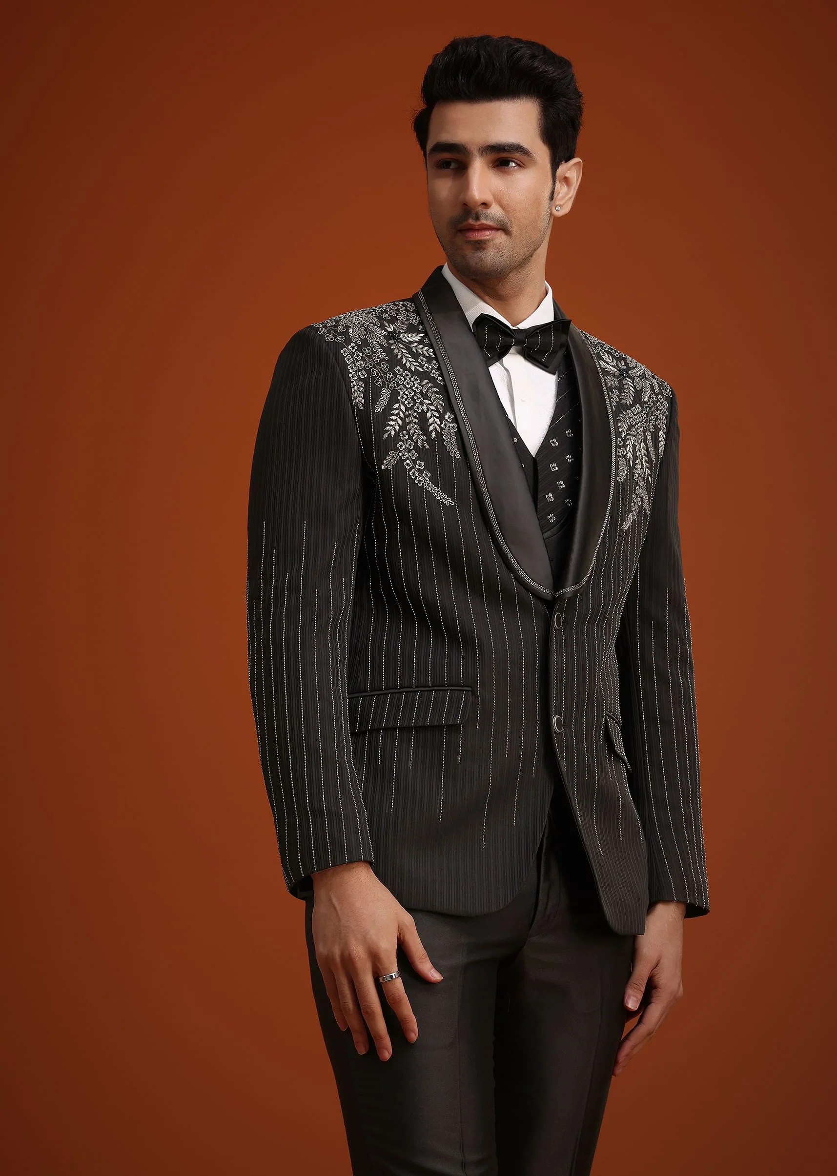 Black Rayon Tuxedo Set With Stone And Cutdana Work - Image 2
