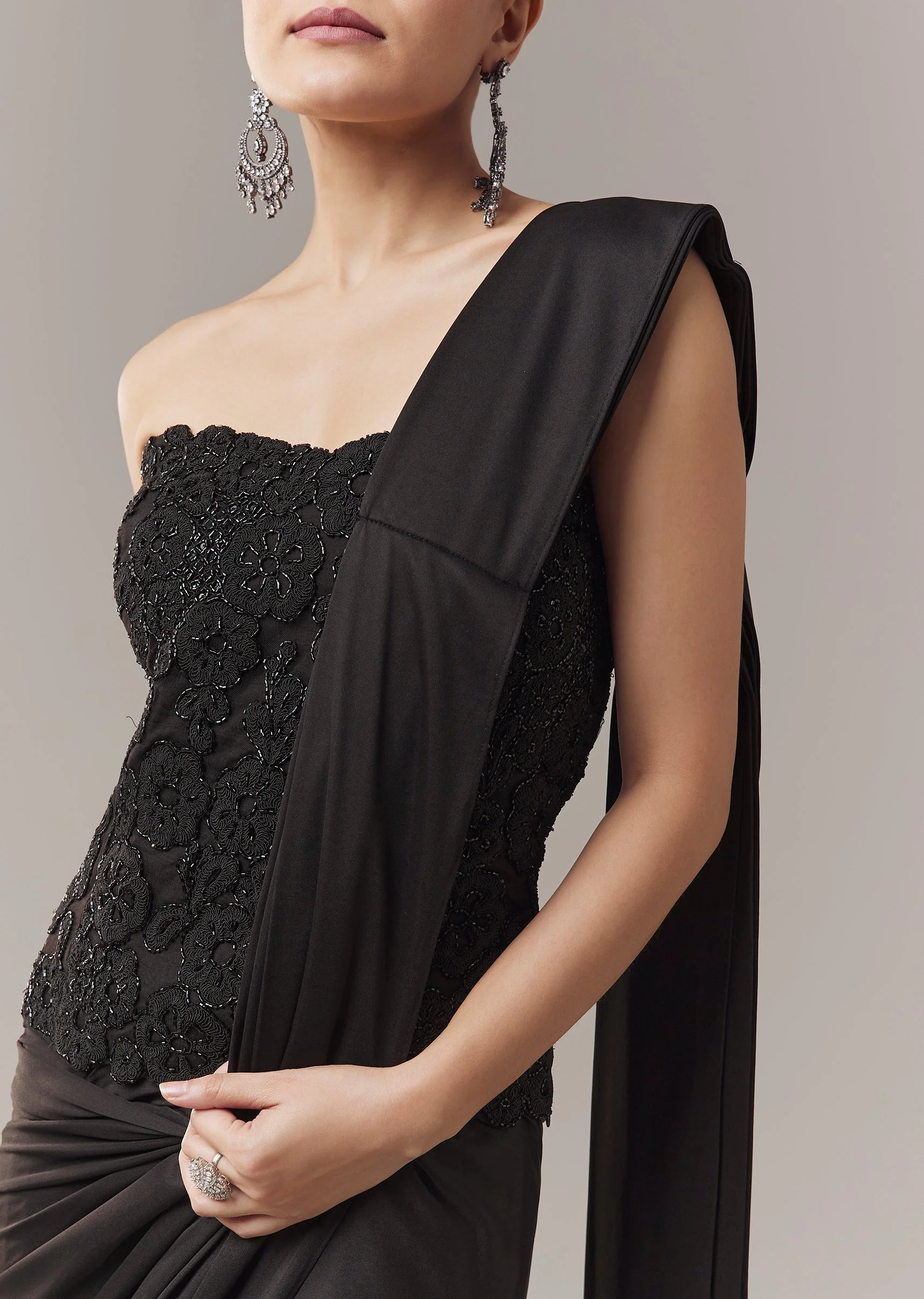 Black Ready Pleated Corset Saree With Thread And Cut Dana Work - Image 2