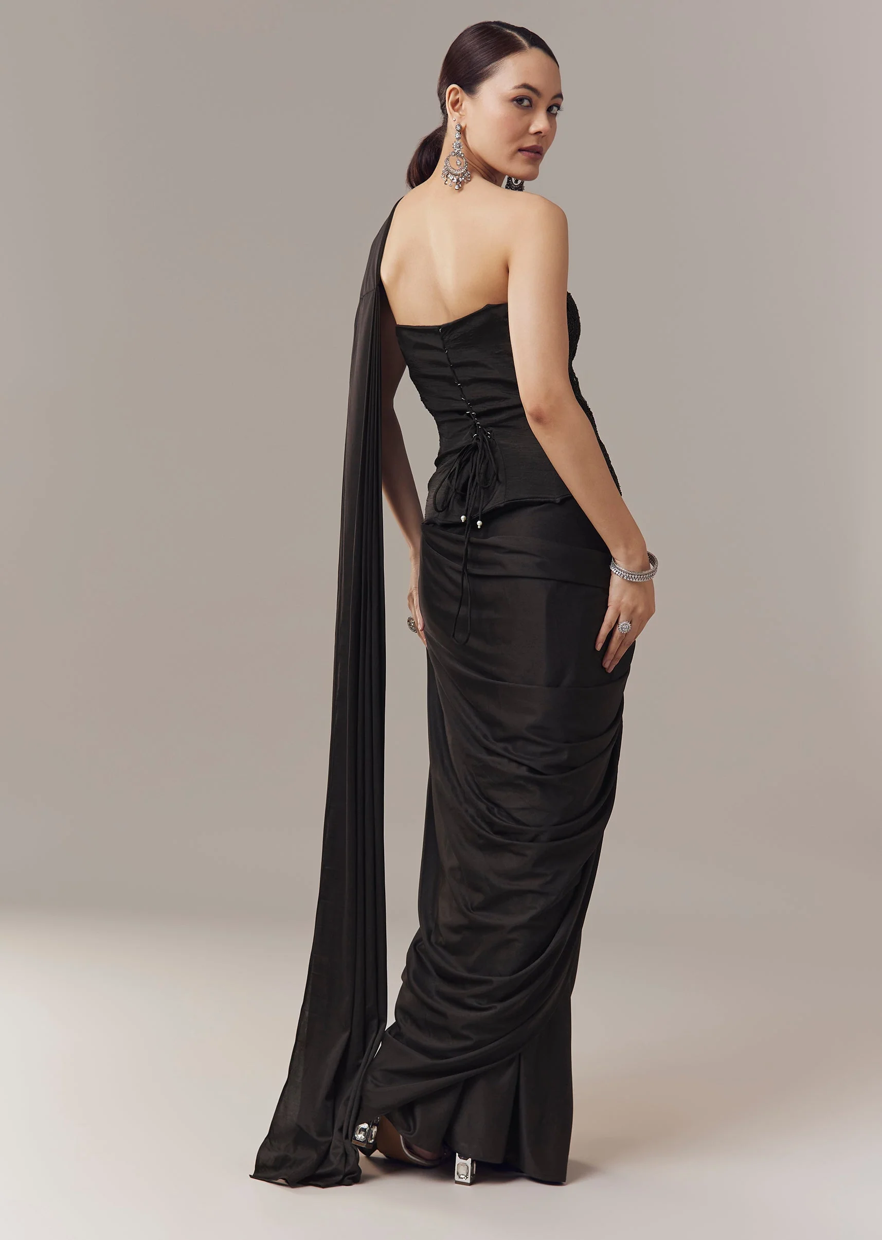 Black Ready Pleated Corset Saree With Thread And Cut Dana Work - Image 5